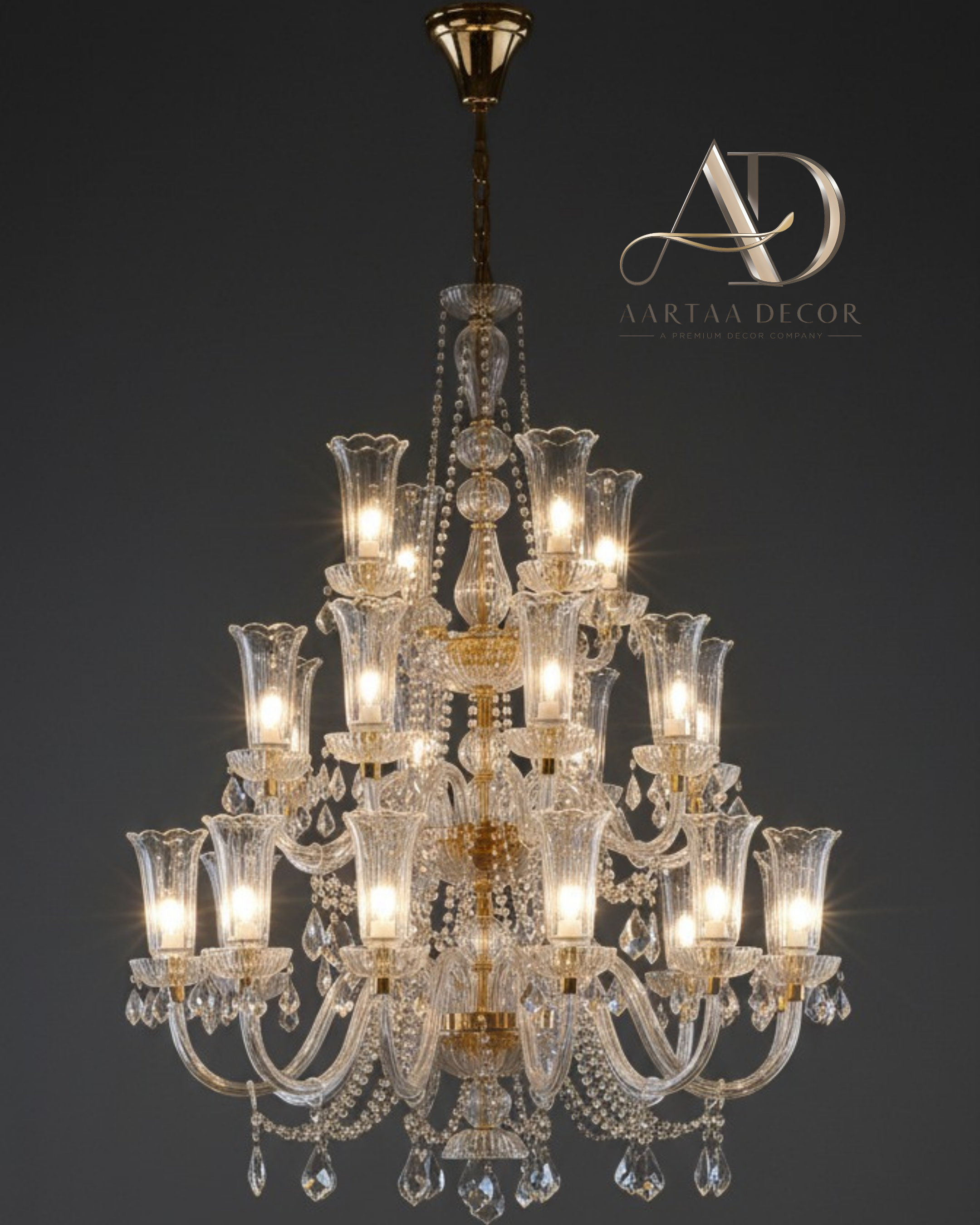 Close-up view of the Celestia Crystal Empire Chandelier showing hand-cut crystal shades, brass detailing, and cascading crystal droplets.