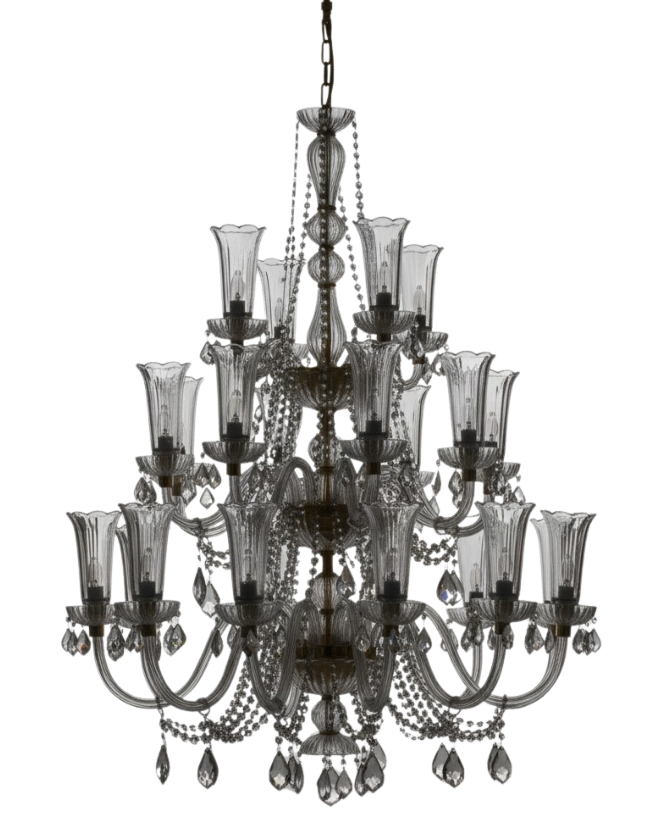 Studio image of the Celestia Crystal Empire Chandelier, featuring 26 lights, fluted crystal shades, cascading crystal strands, and an antique brass frame.