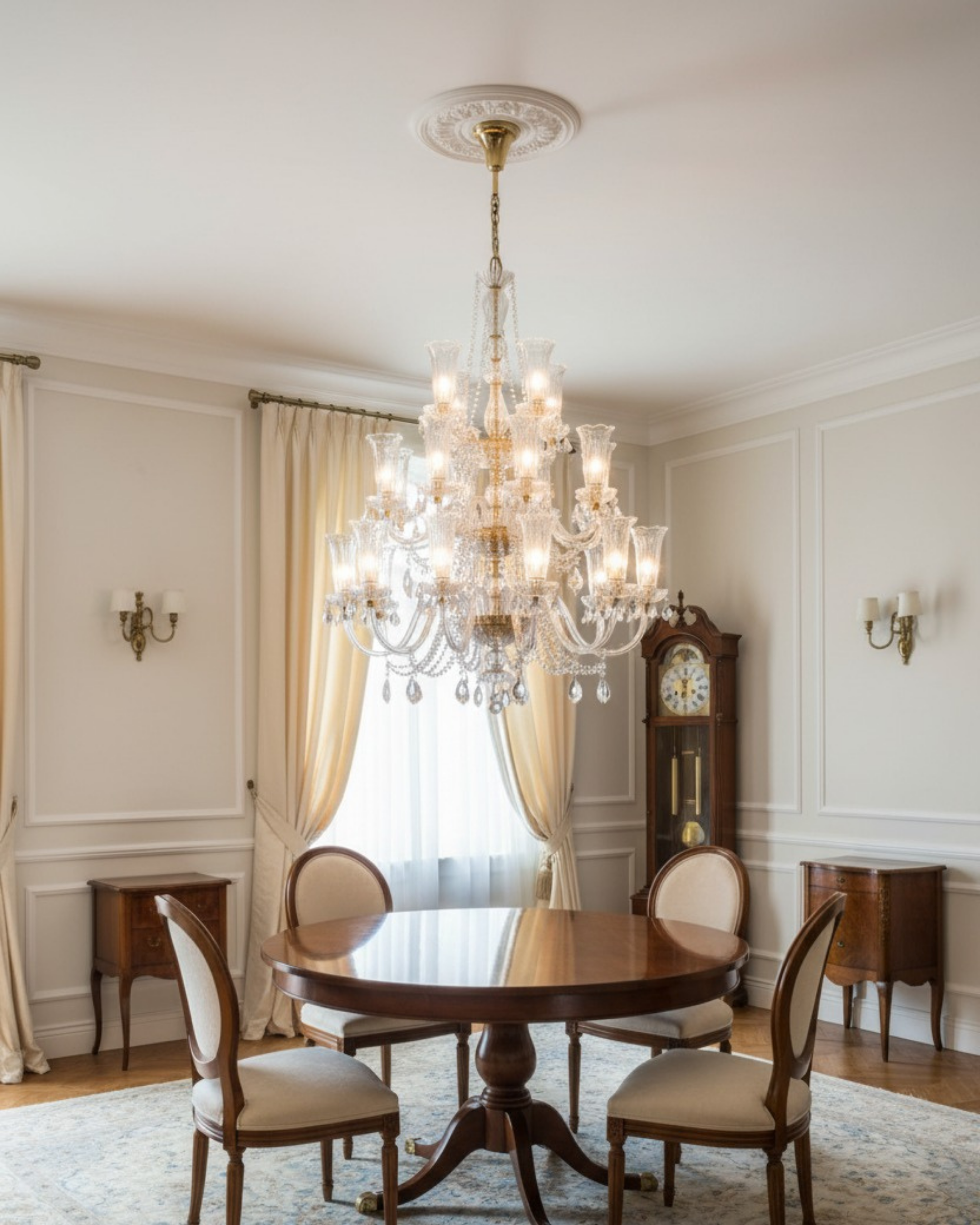 Celestia Crystal Empire Chandelier installed in a classic dining room with high ceilings, 26 glowing lights, crystal prisms, and a luxurious brass frame.