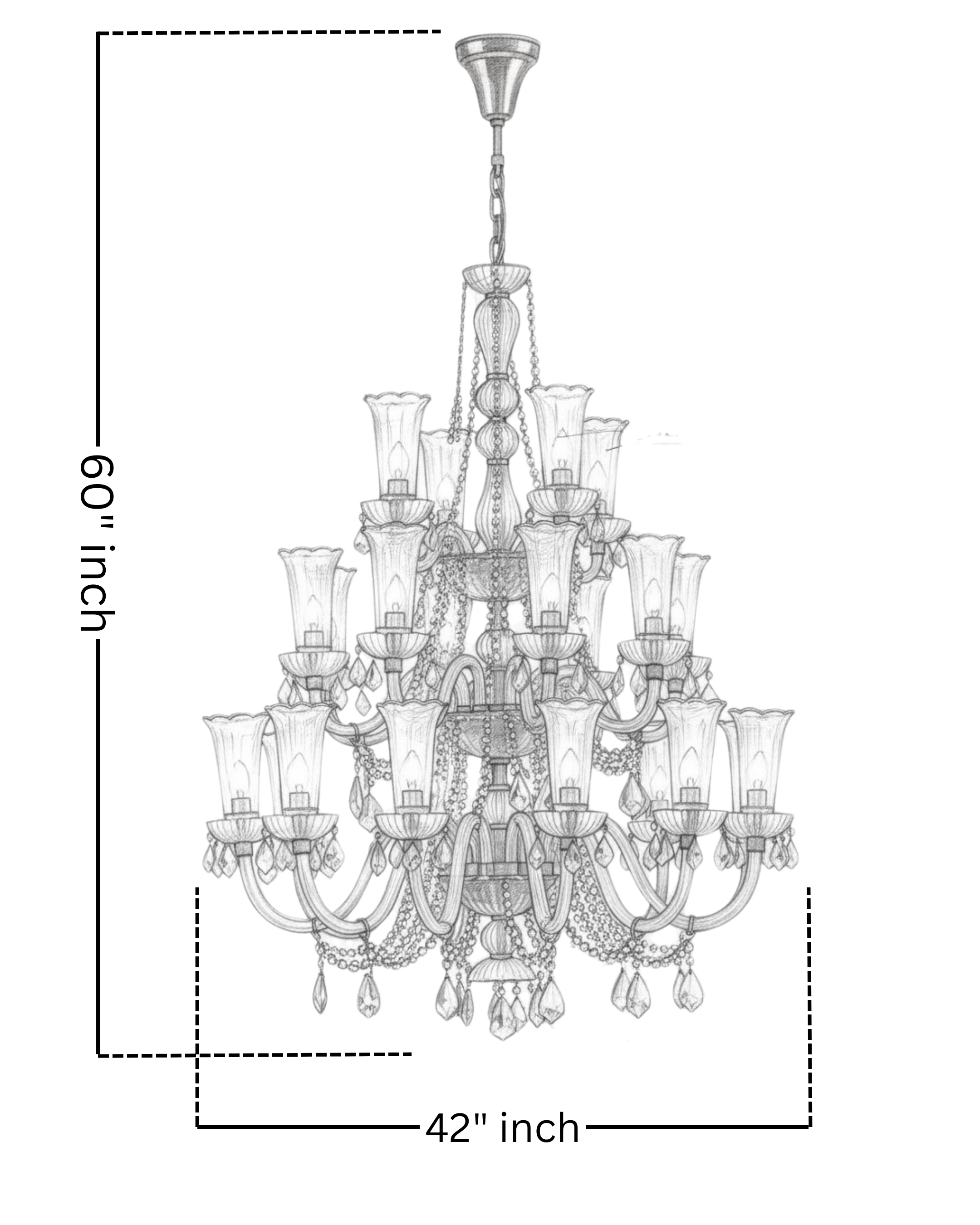 Detailed sketch drawing of the Celestia Crystal Empire Chandelier with dimensions 60 inches height by 42 inches width, showing 26 lights and cascading crystal design.
