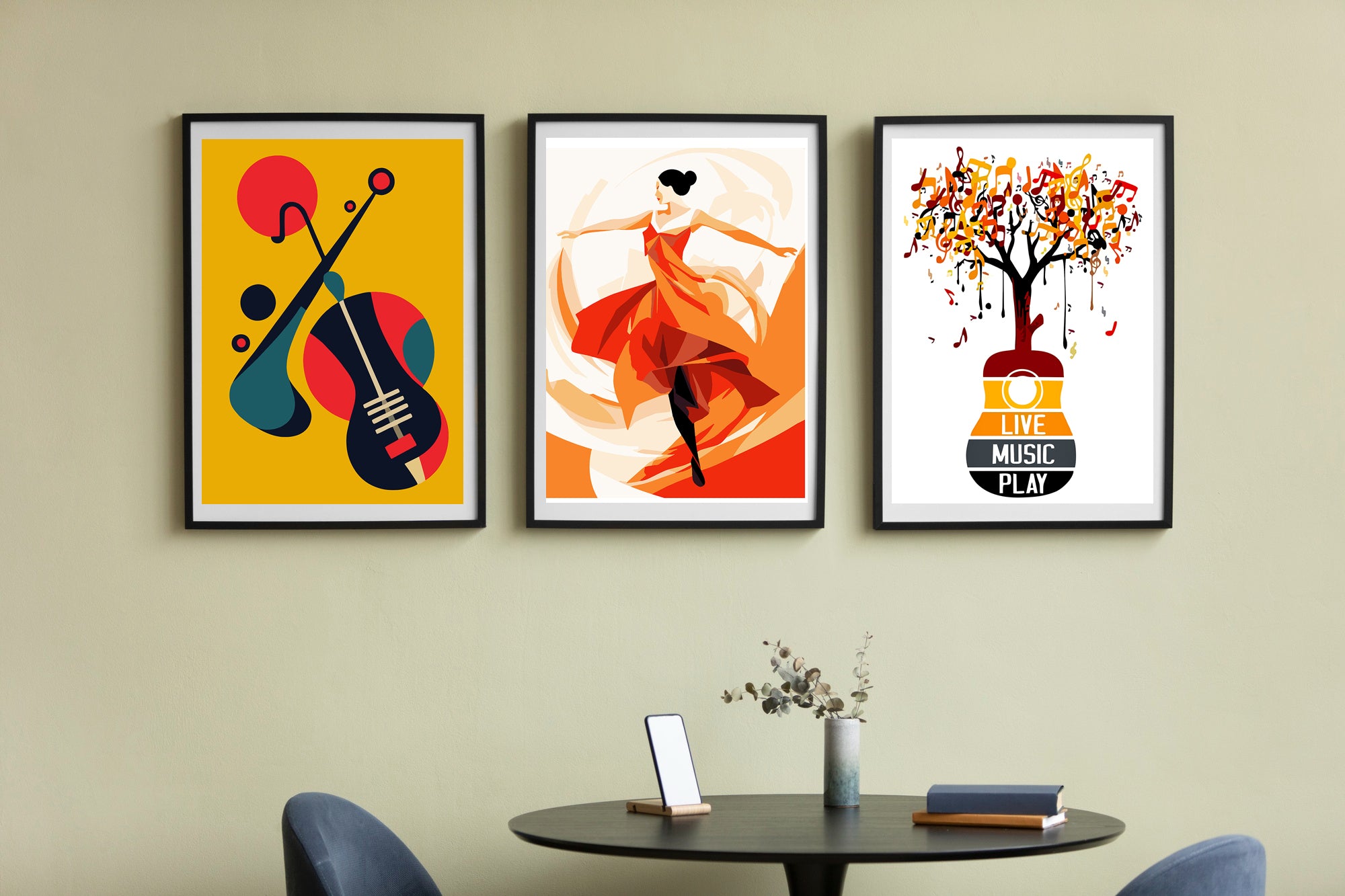 Artistic depiction of a floral arrangement with bright hues in the musical-themed triptych