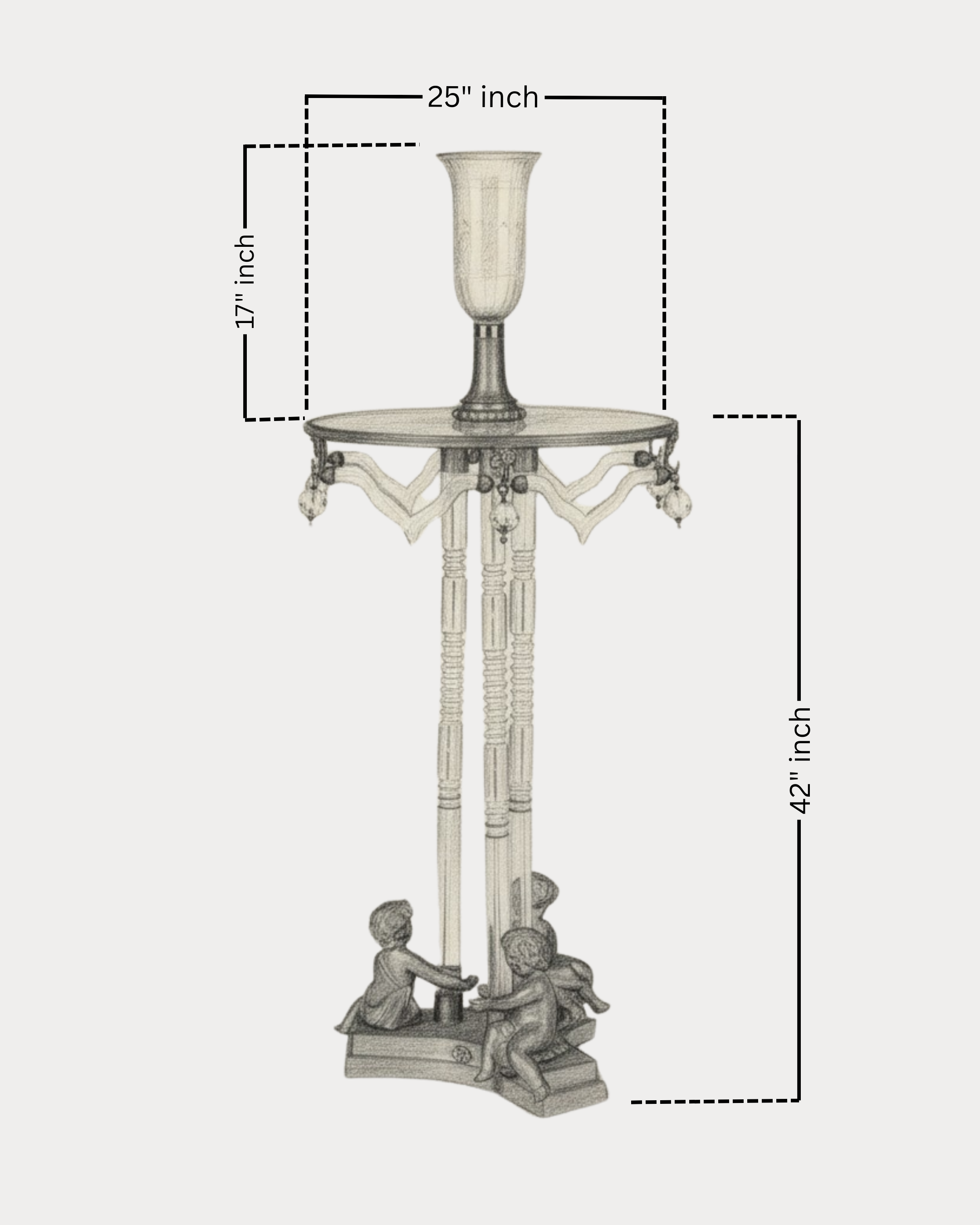 Technical sketch of Cherub Crystal Pedestal Table with dimensions – 42 inch tall handcrafted table, 25 inch glass top, 17 inch stem height – luxury décor furniture.