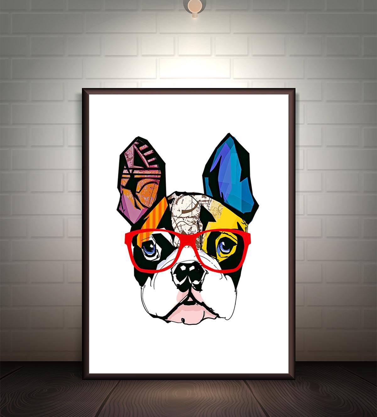 Pop-art dog painting in bright colors and red glasses, titled 'Colorful Canine: Whimsy with a Splash,' ideal for adding fun to home or office decor.