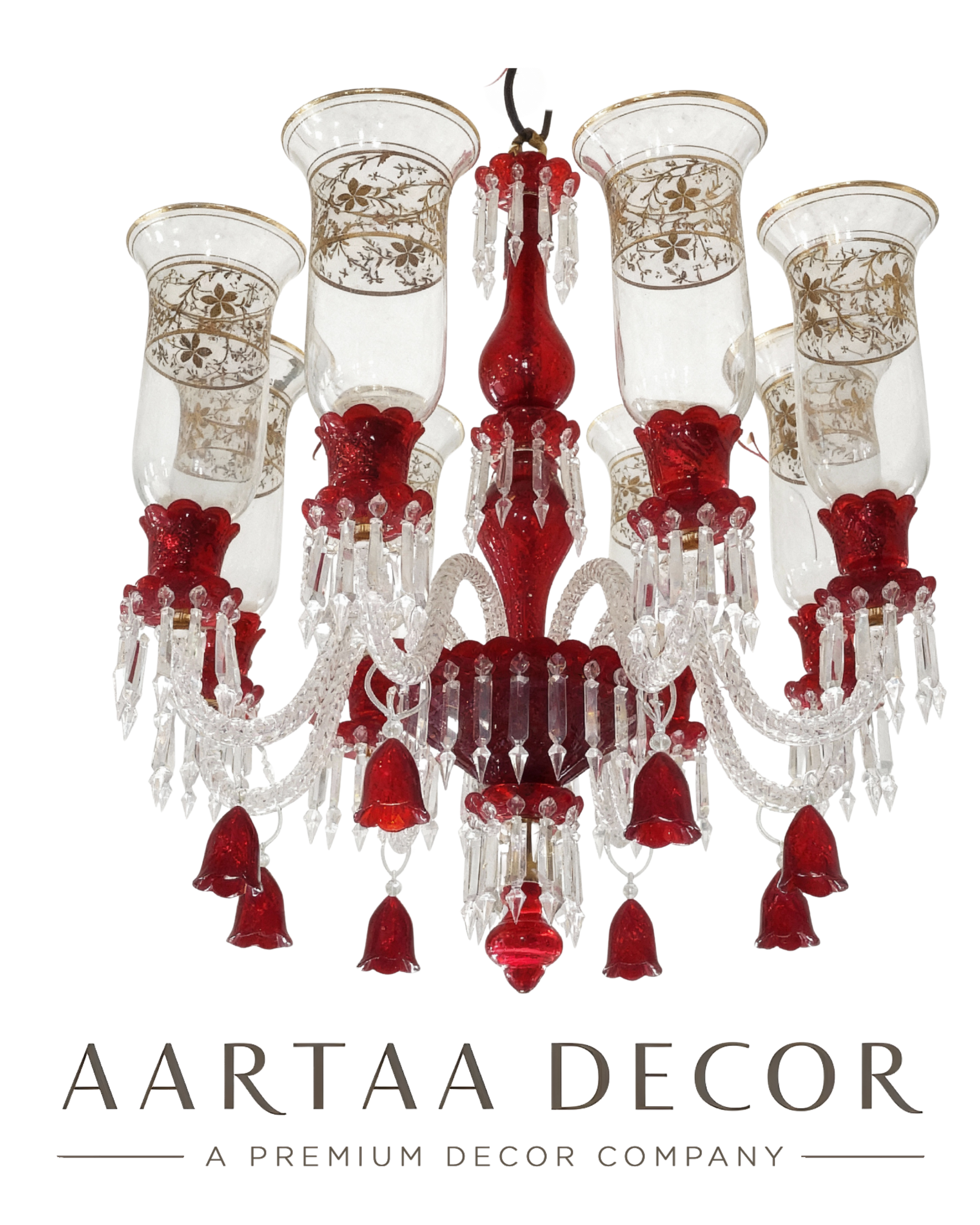 Red and clear chandelier with 'Aartaa Decor' branding on a white background