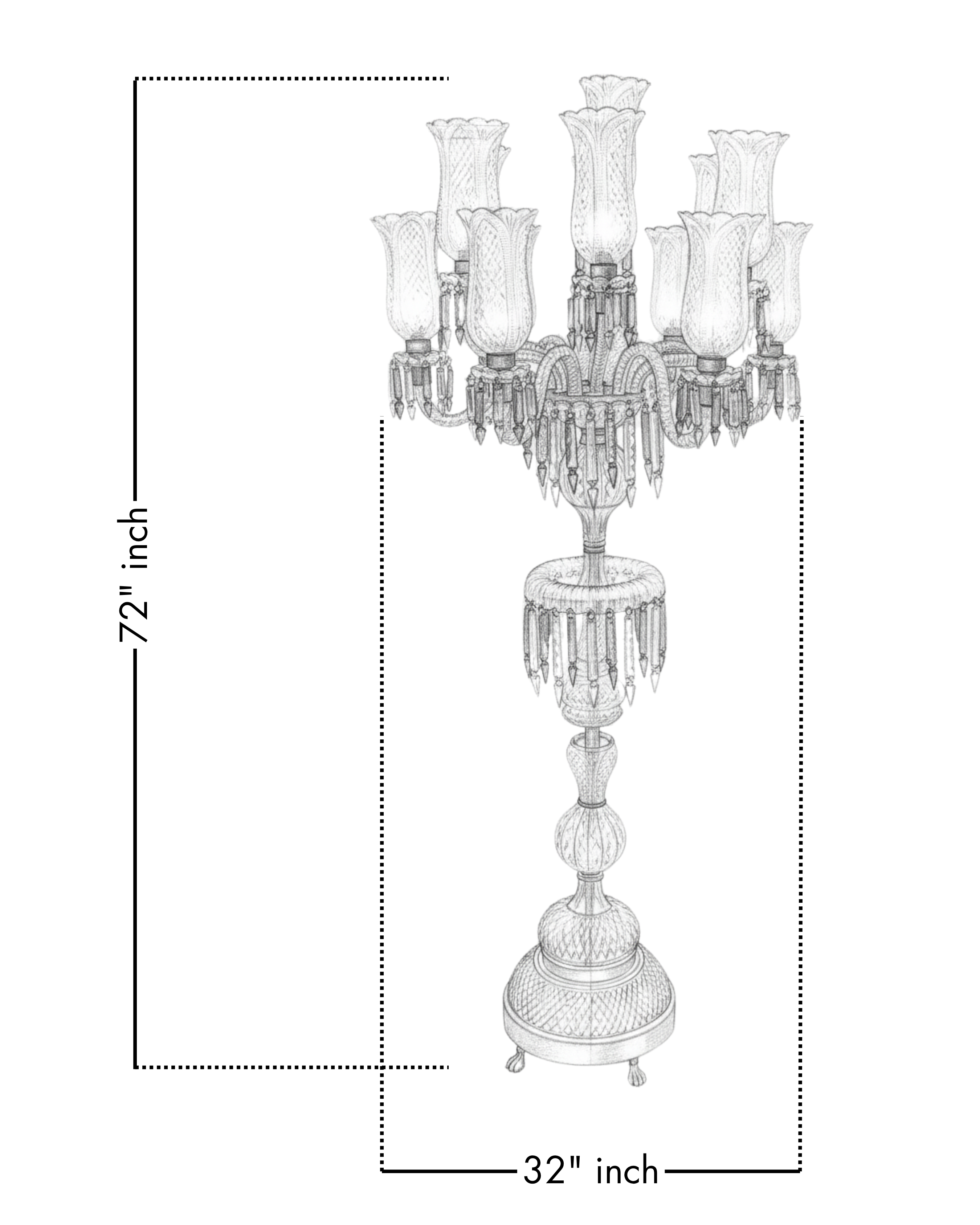 Measurement chart of a decorative candelabrum with dimensions labeled.