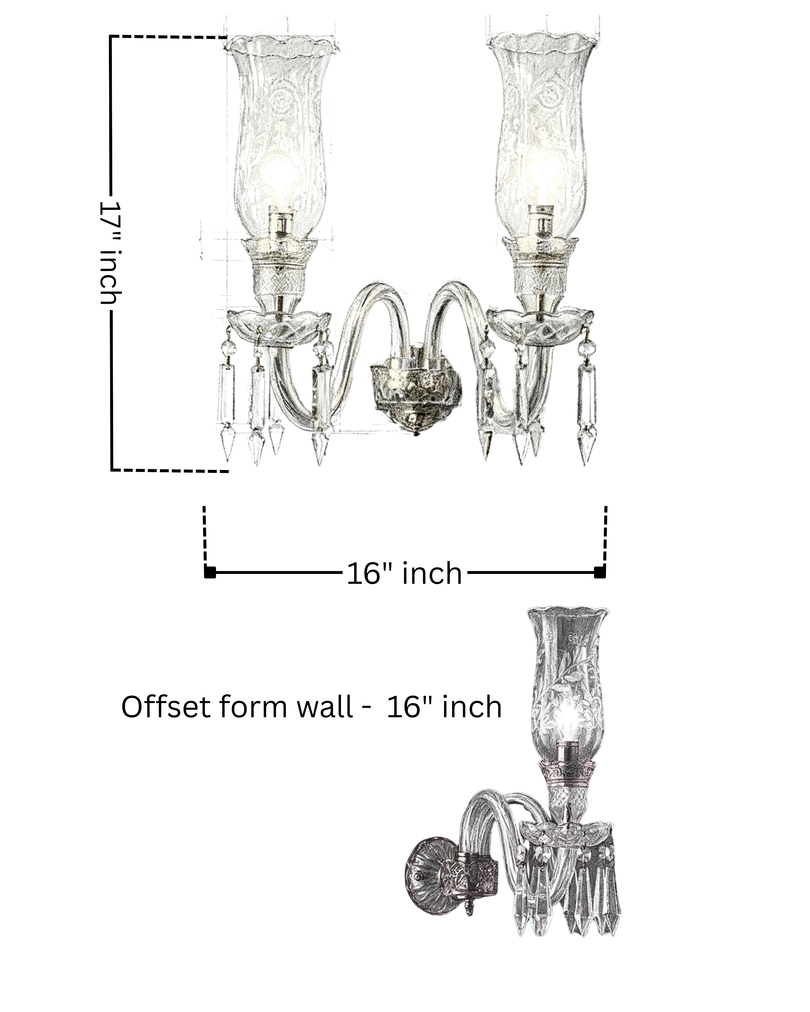 Crystal wall sconces with dimensions on a white background