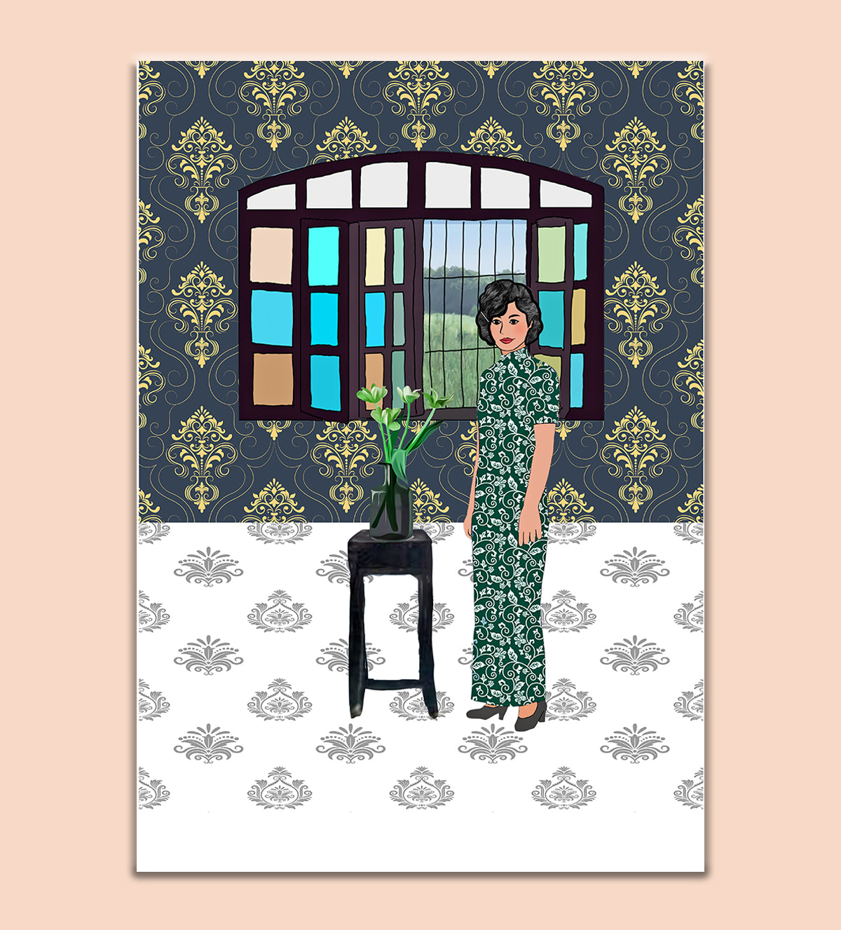 "Cultural Grace: Portrait of Elegance" by Aartaa Decor is a breathtaking photorealistic painting that captures the essence of beauty, tradition, and intrigue. The artwork portrays a young woman, elegantly dressed in traditional attire, standing beside a majestic chair. Her thoughtful gaze and the intricate, exotic patterns of her surroundings evoke a rich sense of cultural heritage. This masterpiece is a perfect blend of modern photorealism and timeless tradition, making it an exquisite centerpiece for any