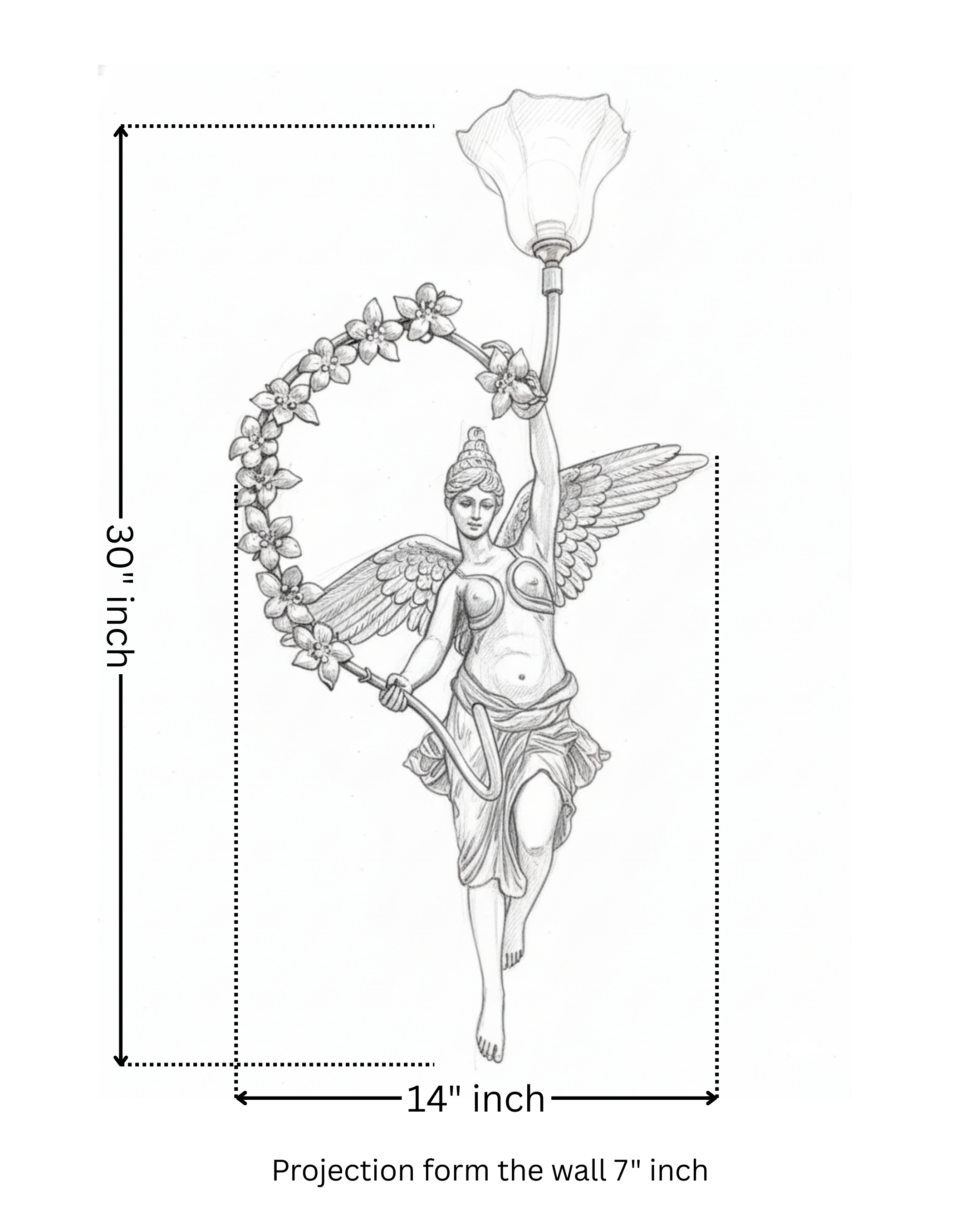 Devika Royale Celestial Wall Sconce Illustration of a wall sconce with dimensions on a white background