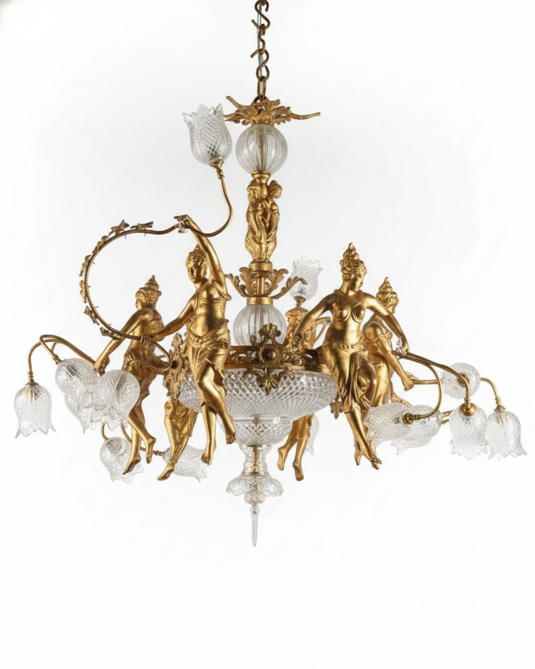 Devika Royale Brass Chandelier Gold chandelier with classical figures and glass shades on a white background