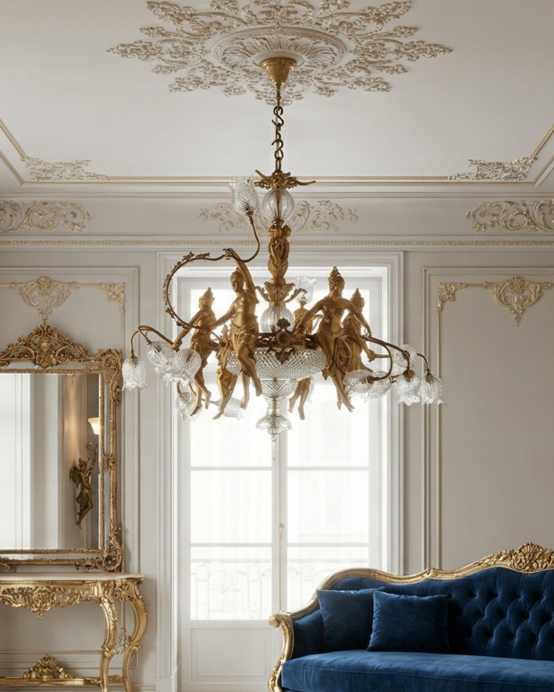 Devika Royale Brass Chandelier Luxurious interior with a gold chandelier, blue sofa, and ornate walls.