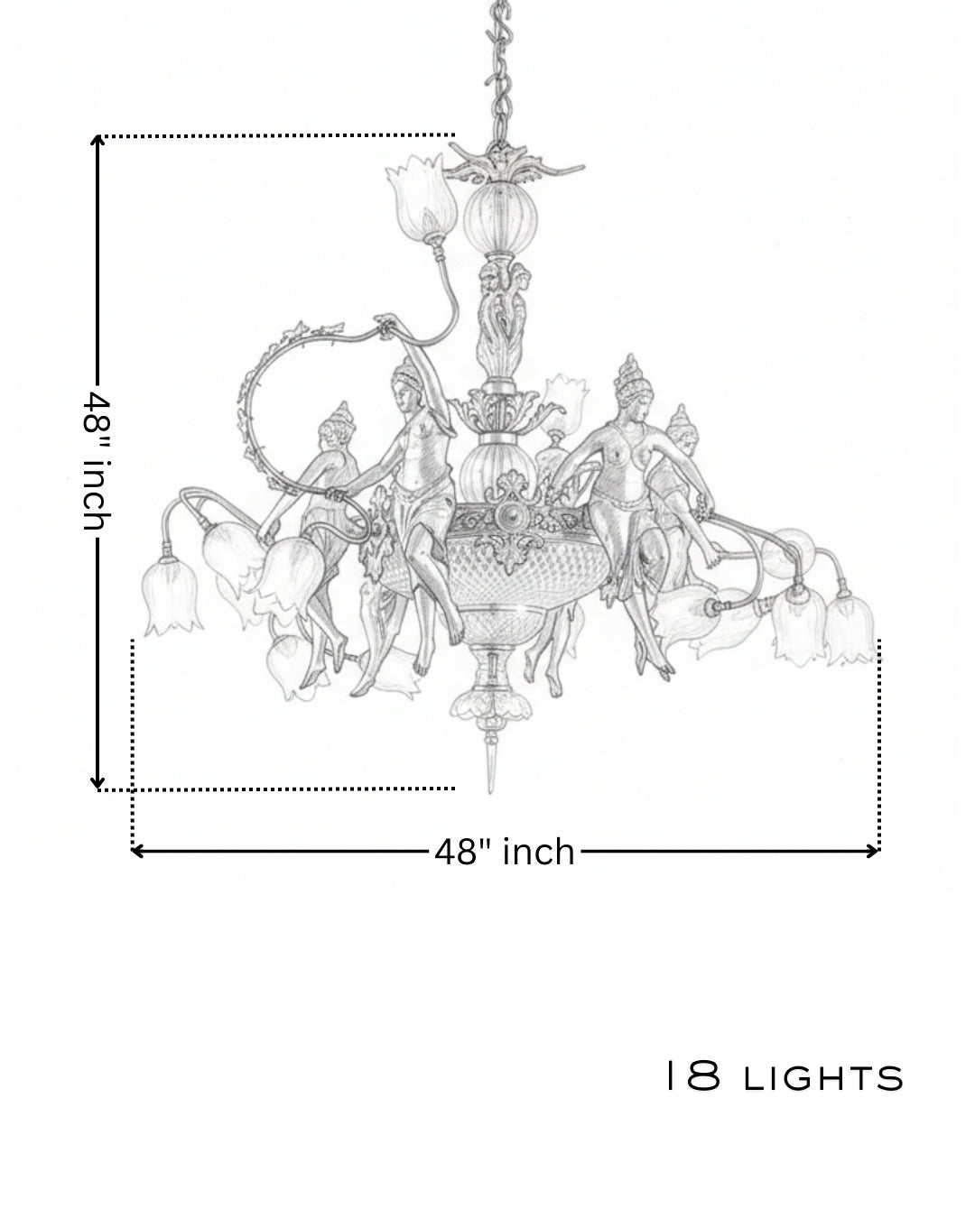 Devika Royale Brass Chandelier Decorative chandelier with dimensions and number of lights on a white background