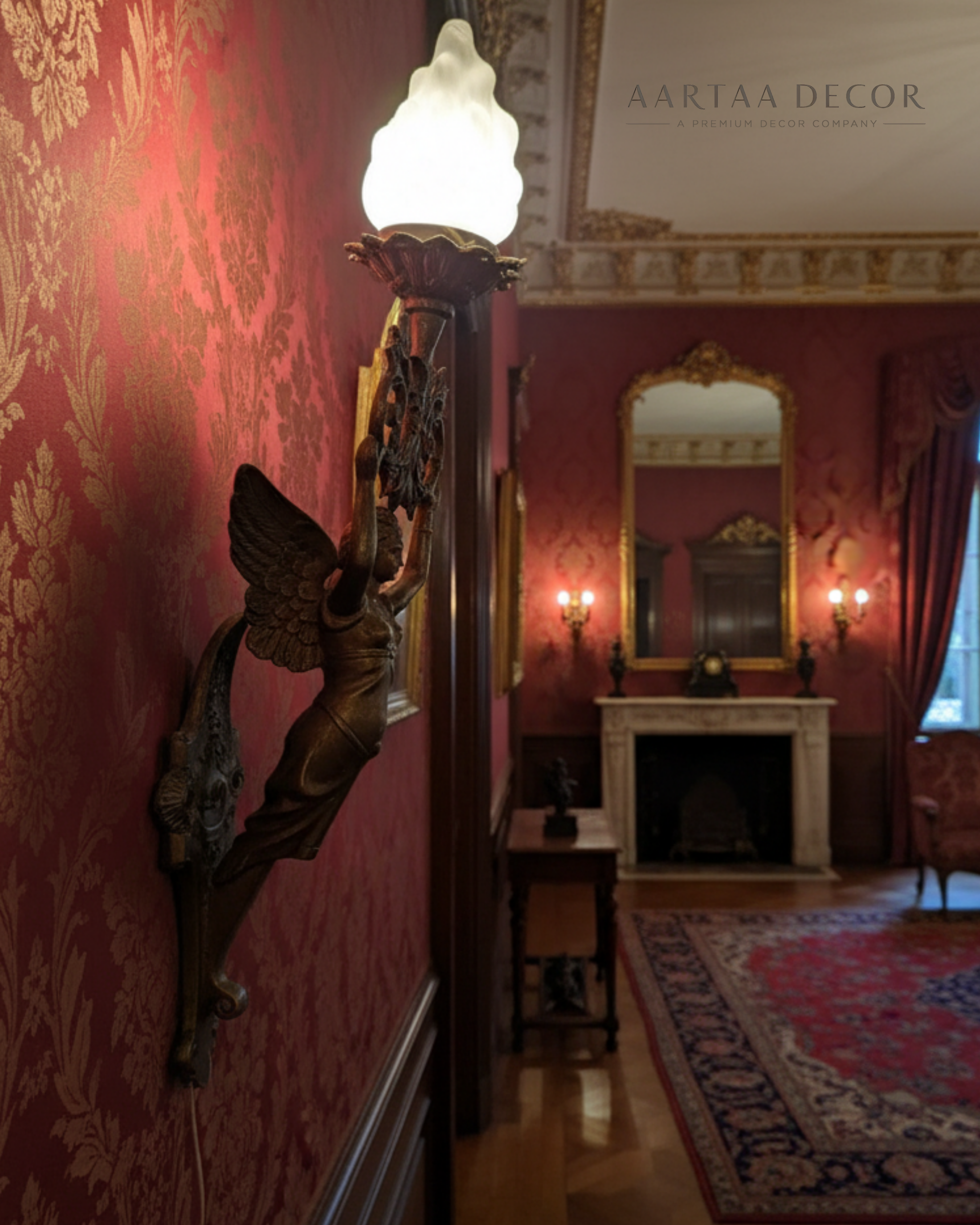 Decorative wall sconce in a room with red walls, a mirror, and a fireplace.