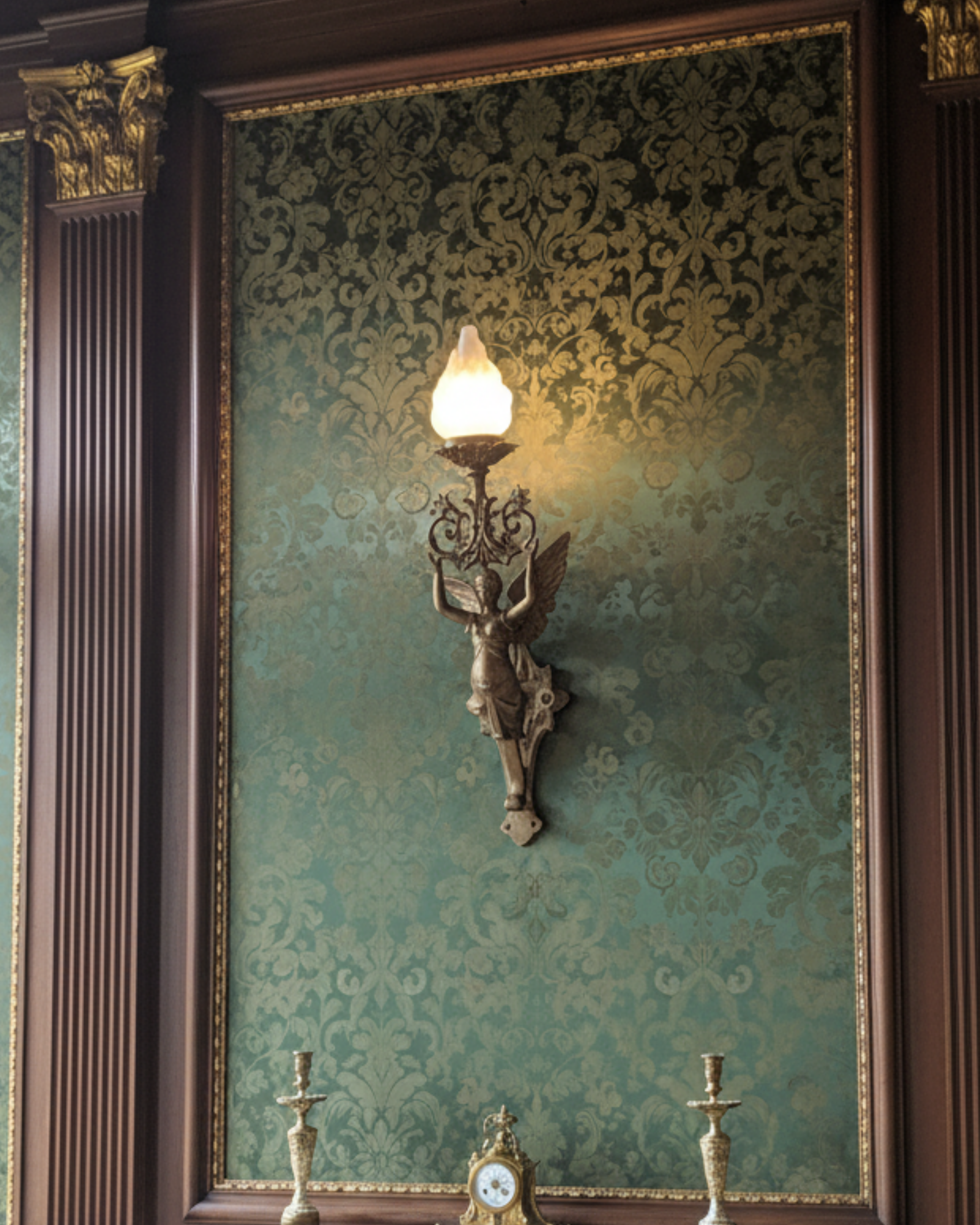 Decorative wall sconce on a patterned wall with ornate molding.