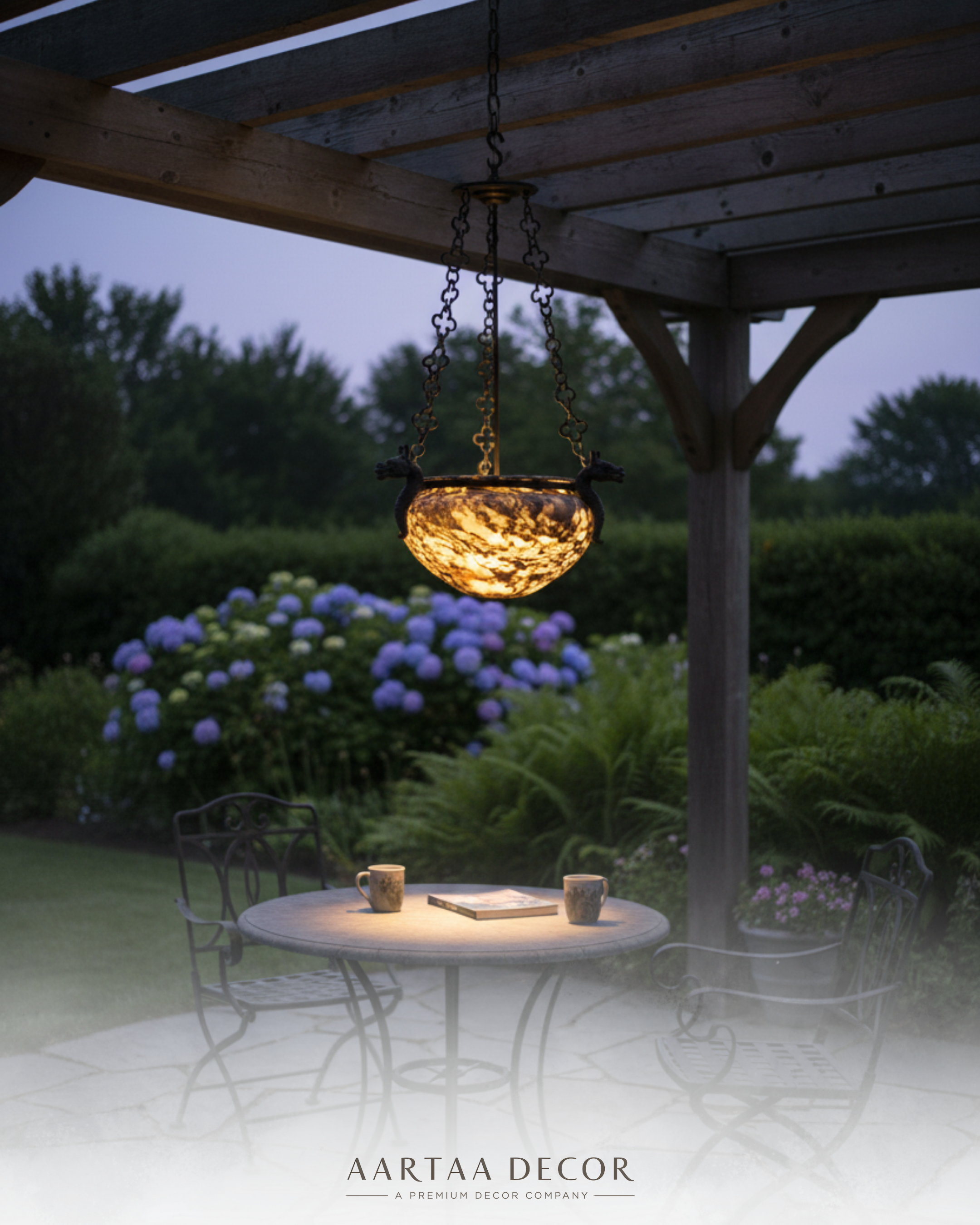 Dragon Crest Alabaster Pendant Light illuminating a vintage living room interior, warm heritage glow from hand-carved alabaster stone