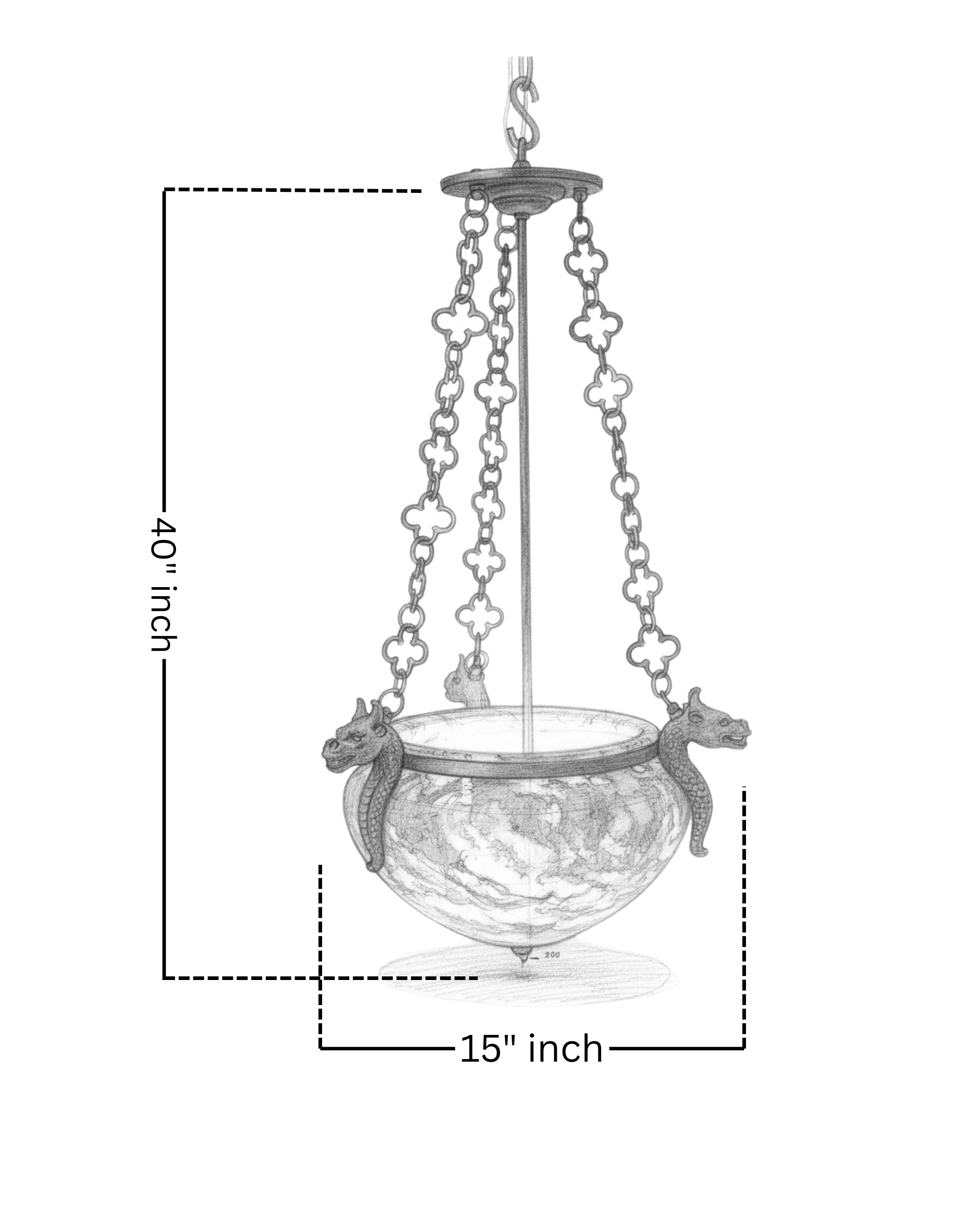 Dragon Crest Alabaster Pendant Light with dragon motif chains and hand-carved alabaster bowl – 40 inch height x 15 inch width, Made in India