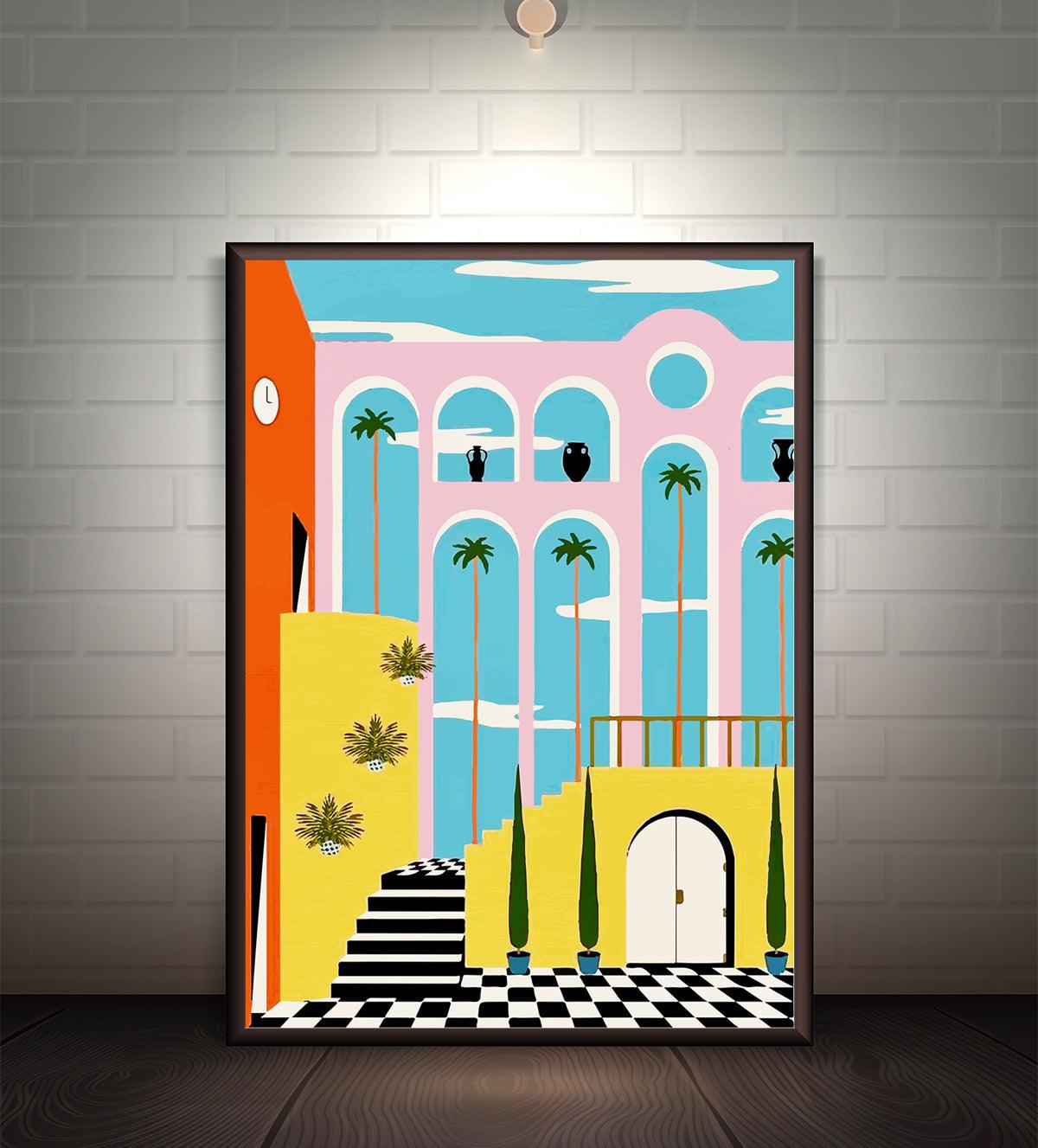 A colorful painting featuring Mediterranean-inspired architecture, pastel arches, tropical palm trees, and a checkerboard pathway. Perfect for modern and eclectic interiors.