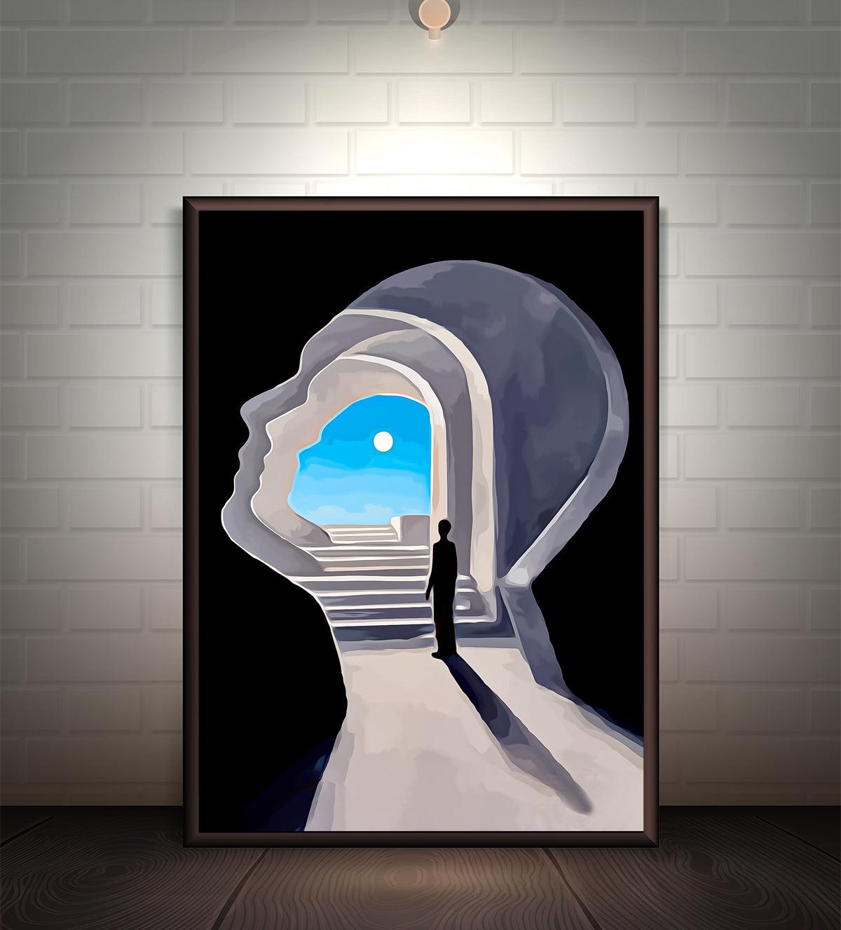Surreal painting of a human head silhouette with a staircase leading into a blue sky, symbolizing introspection and the journey of self-discovery. Available in various sizes and framing options.