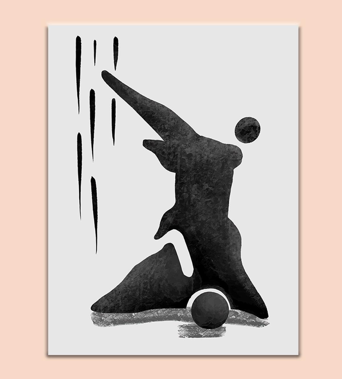 Introduce your space to the sophisticated allure of the "Elegance in Contrast: Modern Triptych." This unique collection consists of two abstract paintings in the evocative "Bodies" style, flanking a centrally positioned, meticulously detailed drawing of an elephant. The monochrome palette not only exudes contemporary style but also highlights the bold and subtle intricacies of each piece.