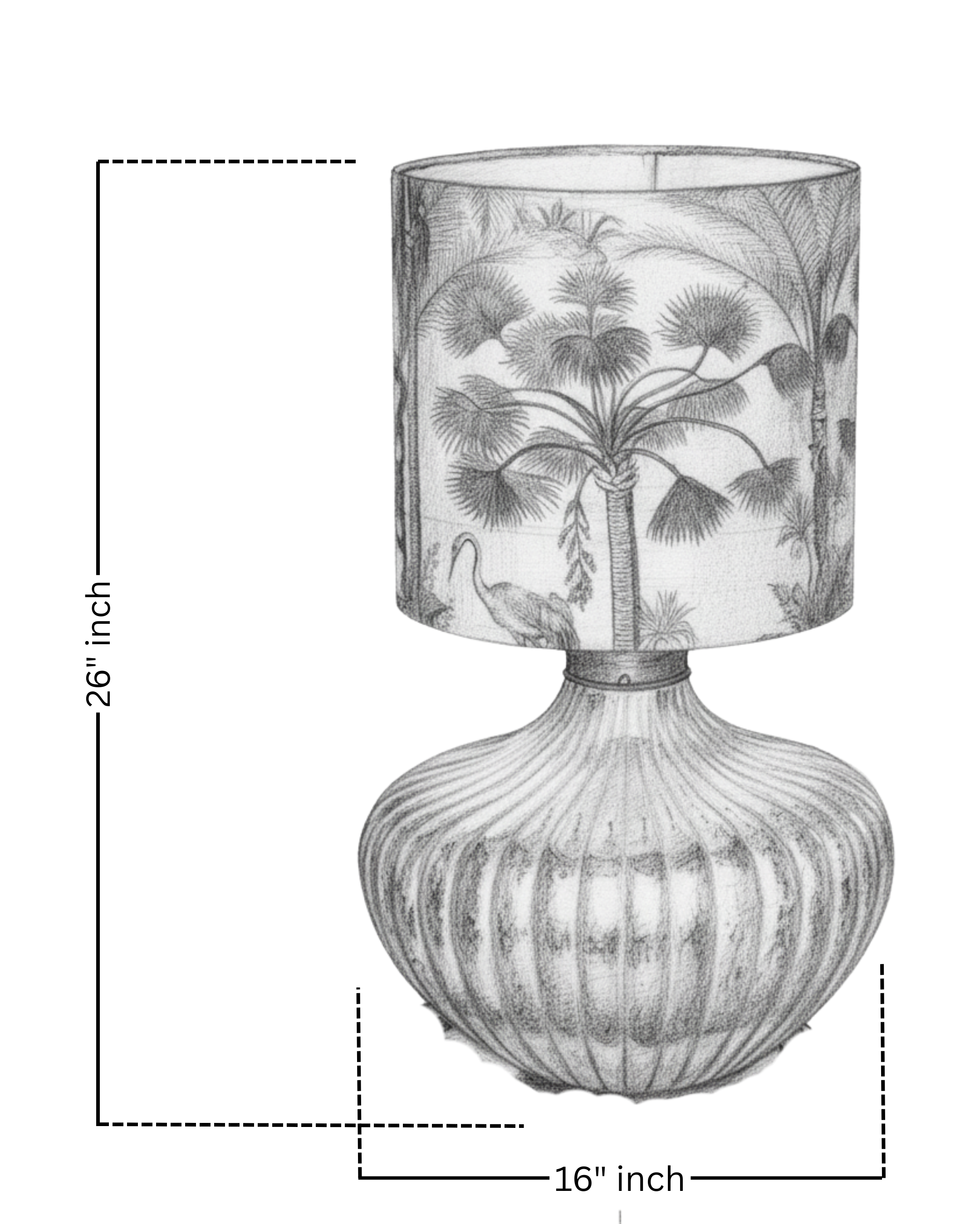 Decorative lamp with palm tree design and measurements on a white background