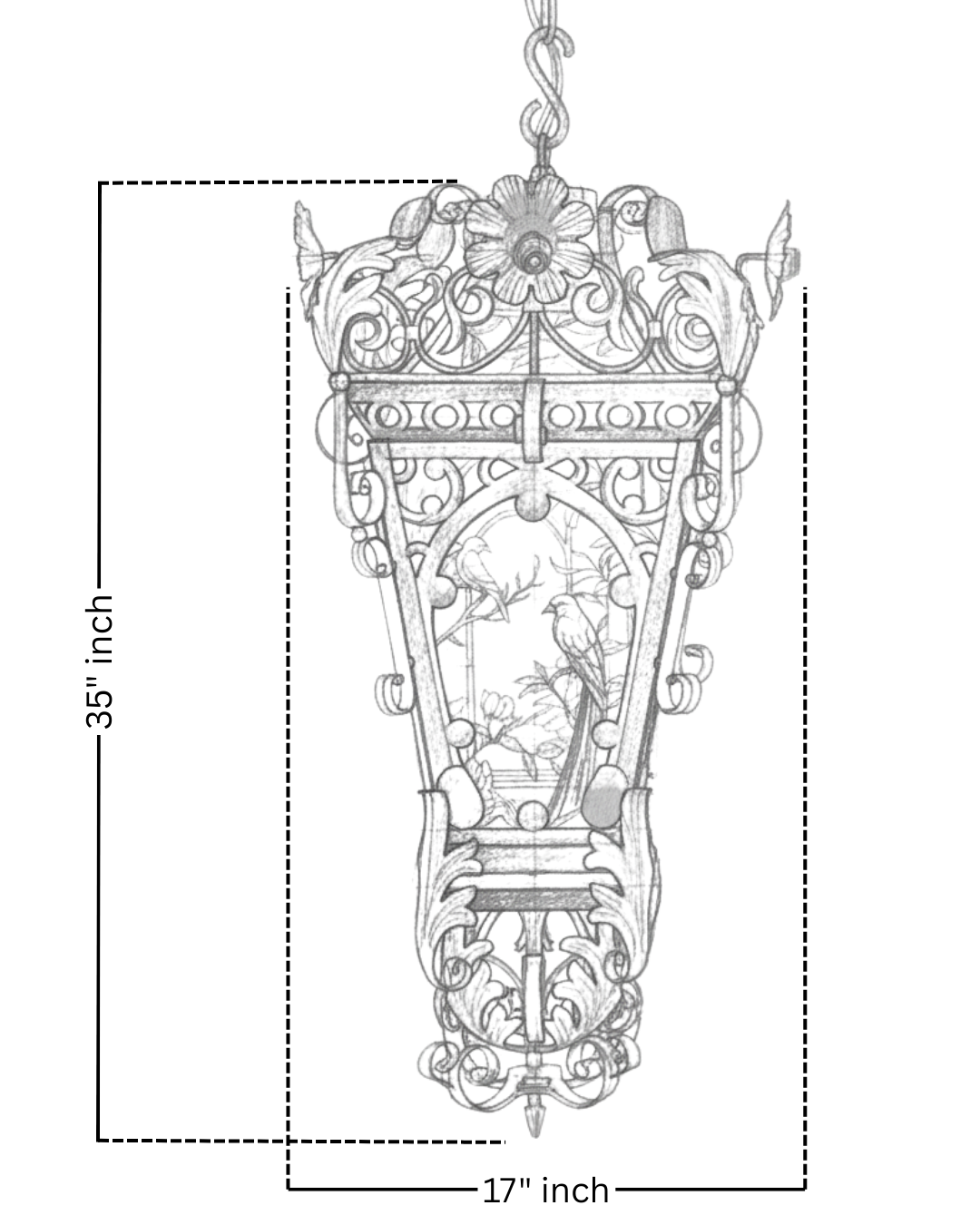 Decorative lantern with intricate designs and measurements on a white background
