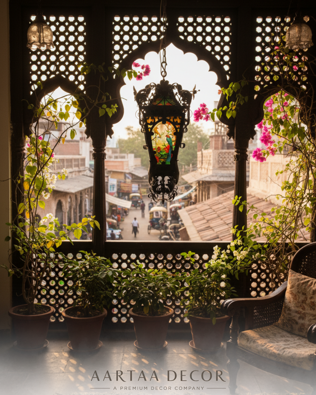 Decorative window with floral decorations and a lantern, featuring Aartaa Decor branding.