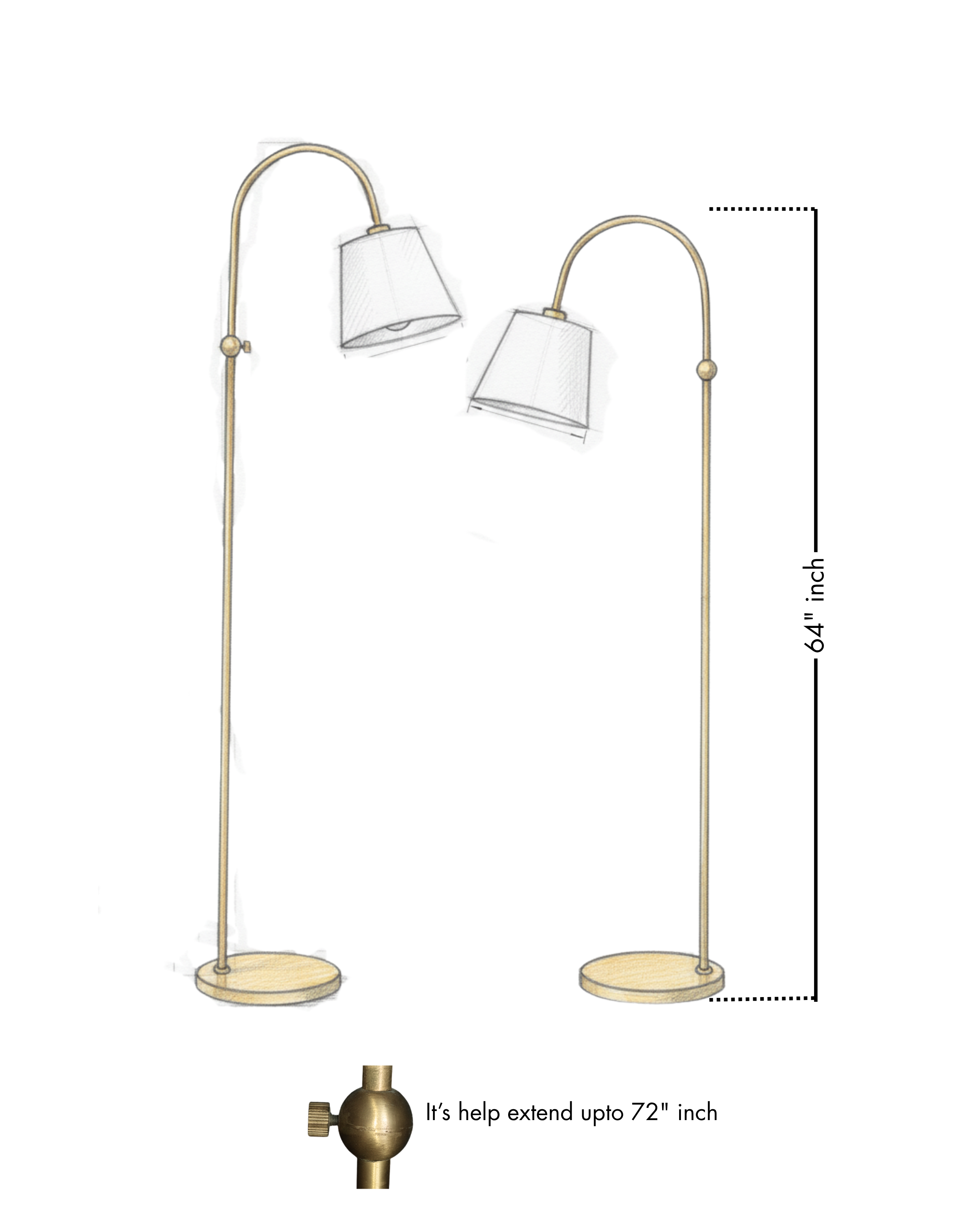 Floor lamp with adjustable arm and measurements on a white background