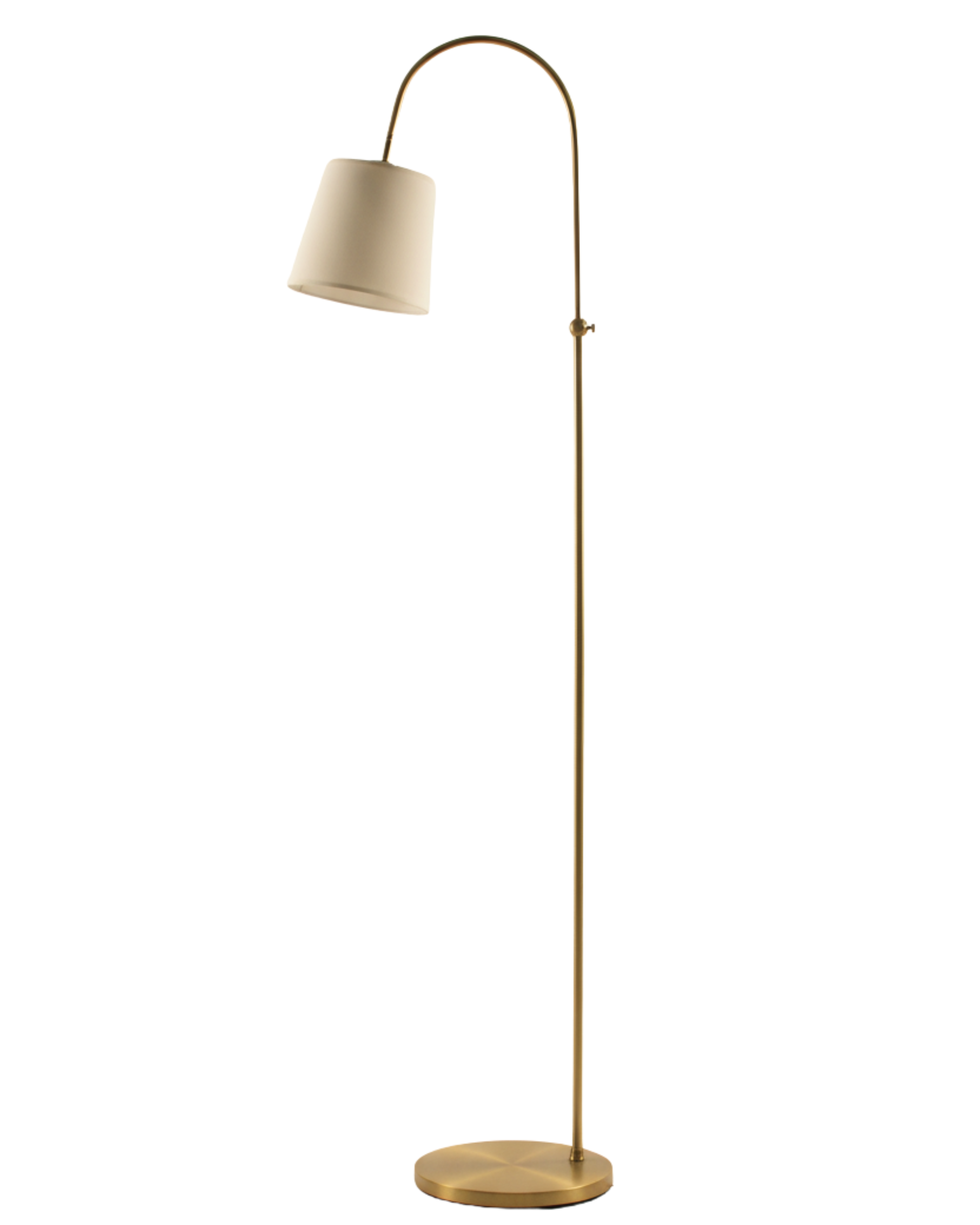 Floor lamp with a beige shade and brass base on a white background