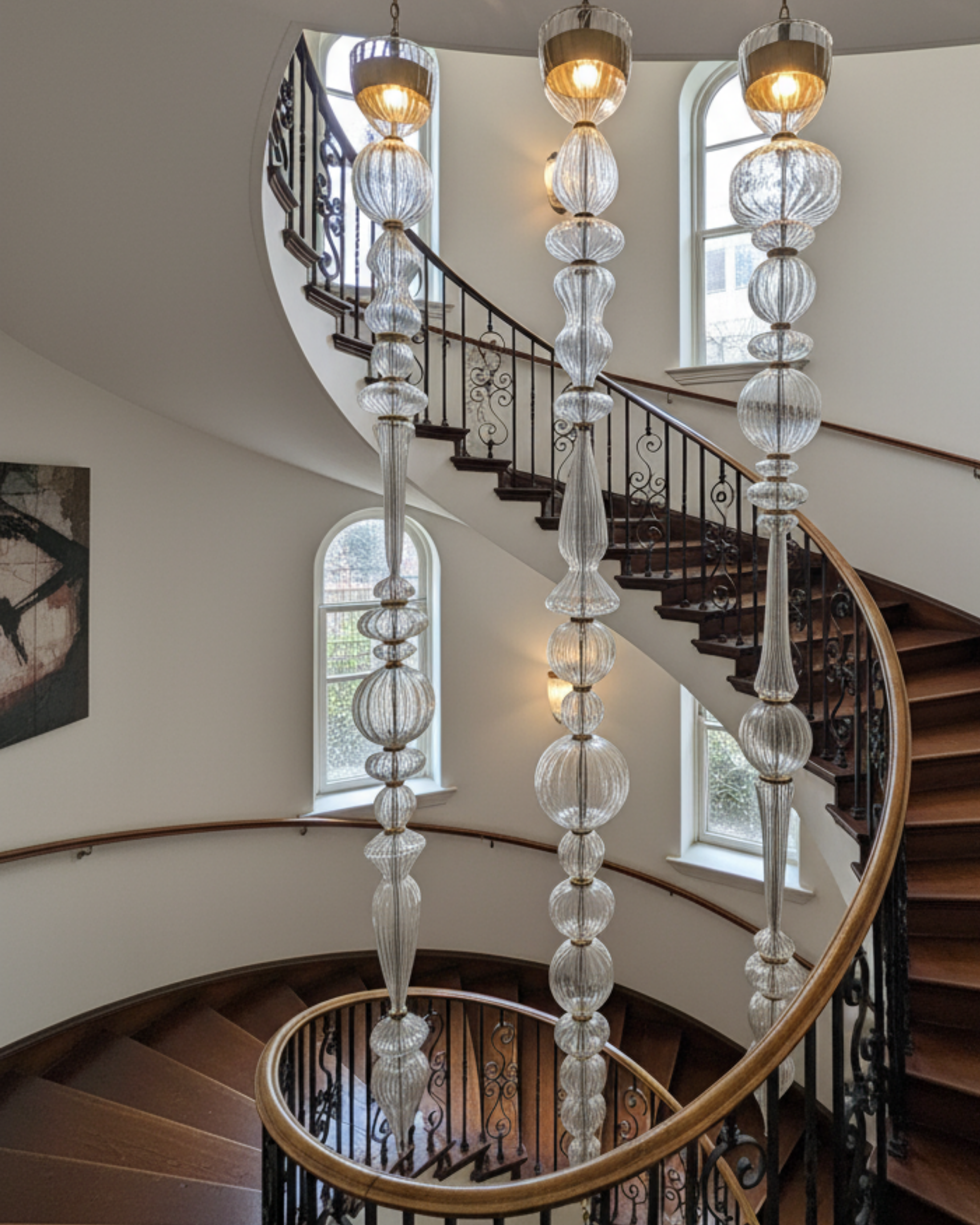 Handblown fluted glass pendant — Firozabad Long Drop — three long glass drops on linear canopy, made in India