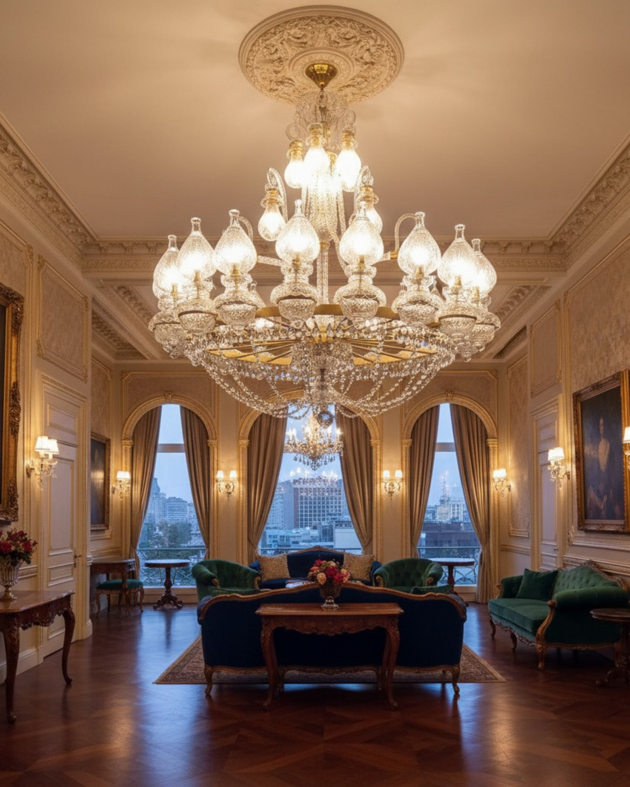 Luxury Elysian Flame Grand Crystal Chandelier illuminating an elegant dining room, handcrafted brass and crystal palace-style lighting