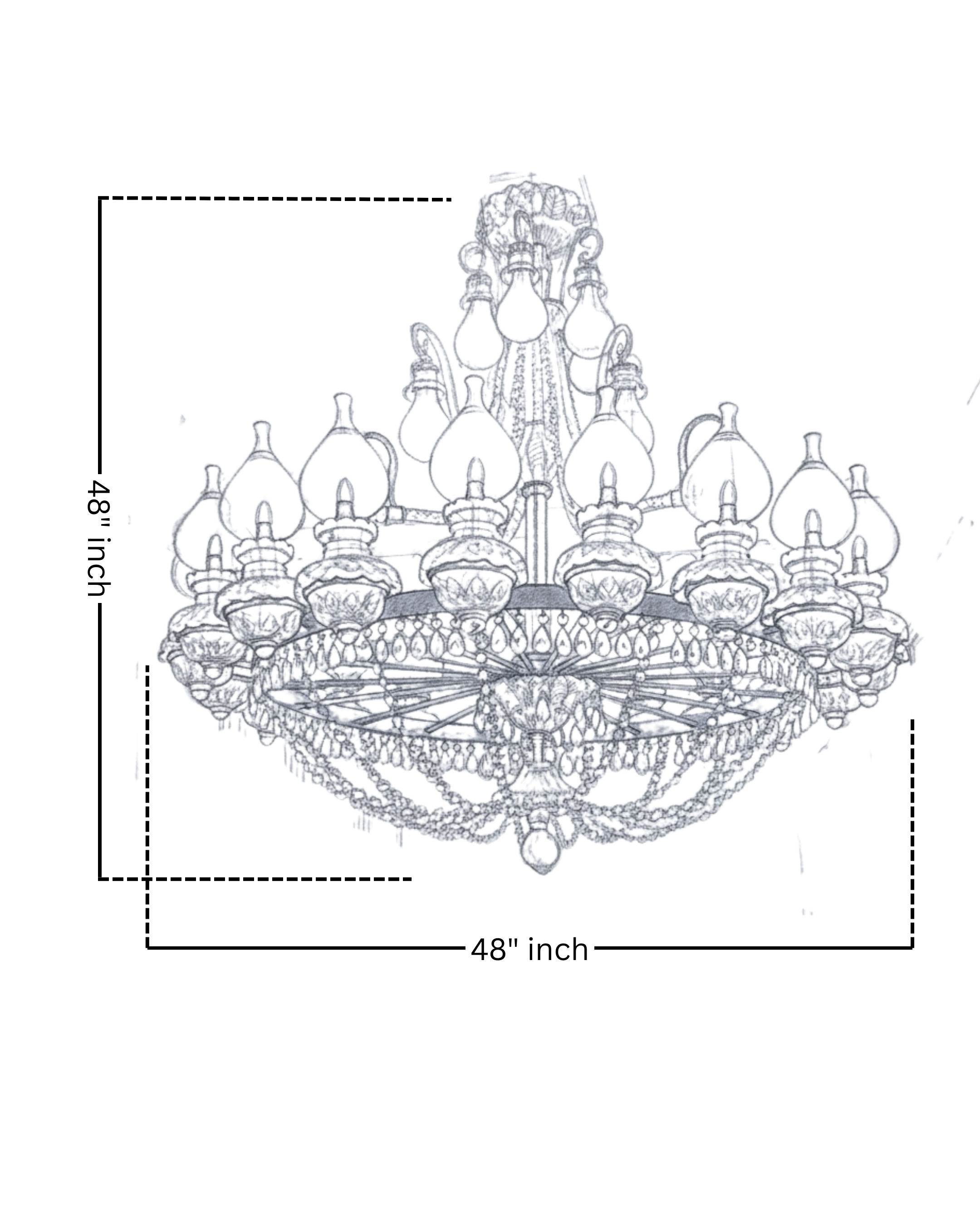 Technical sketch of Elysian Flame 28-Light Crystal Brass Chandelier with detailed dimensions, handcrafted design.