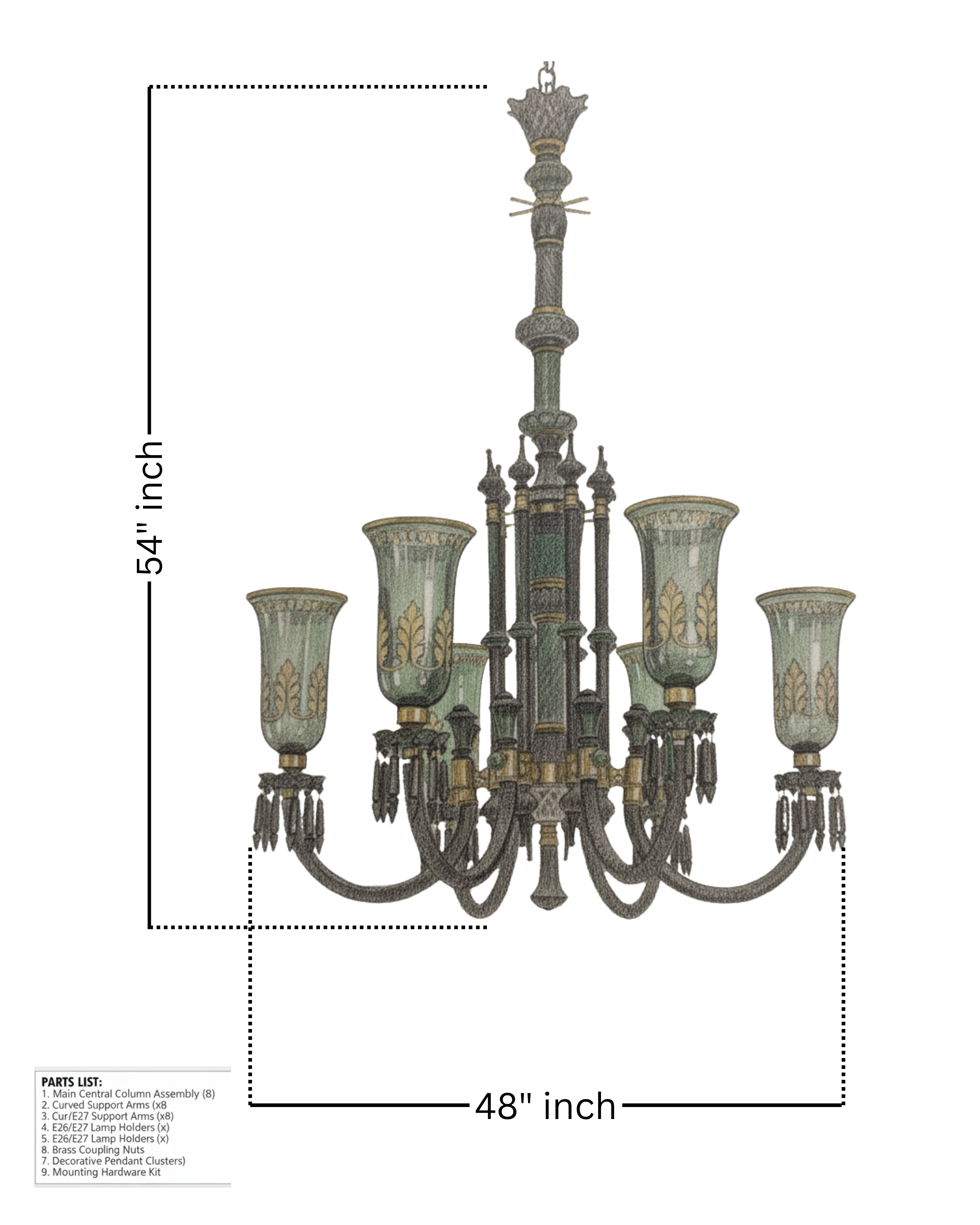 Chandelier with dimensions on a white background
