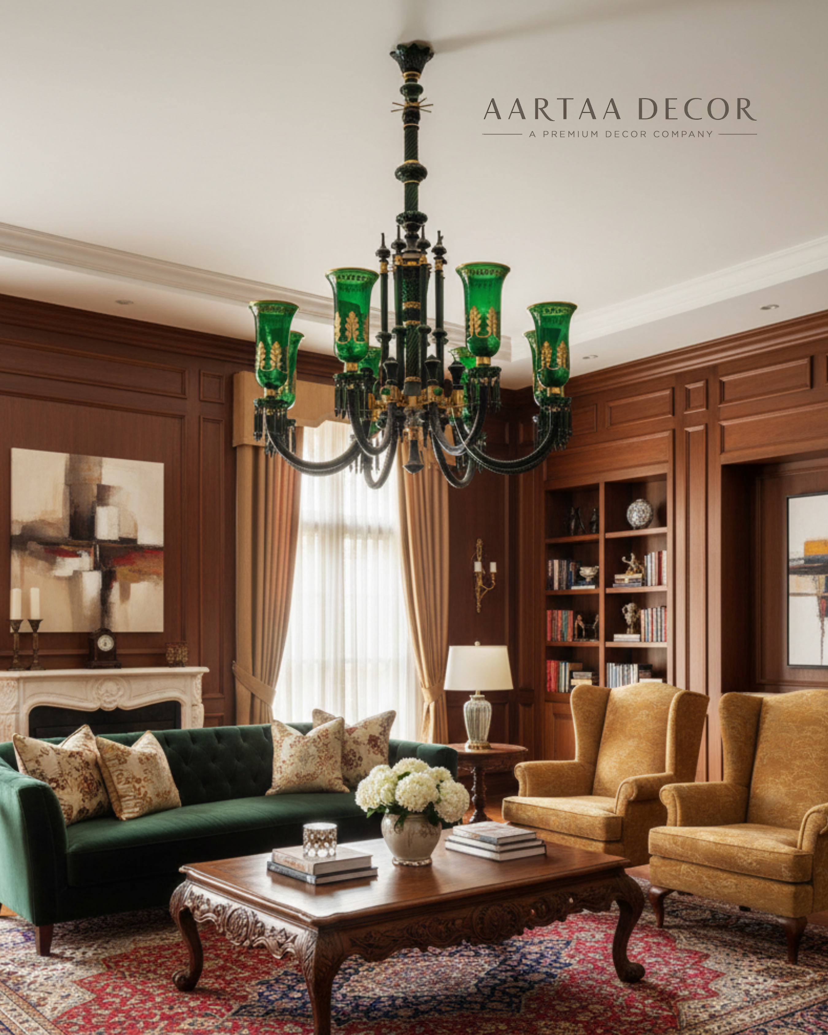 Luxurious living room with green chandelier, sofa, and armchairs, featuring Aartaa Decor branding.