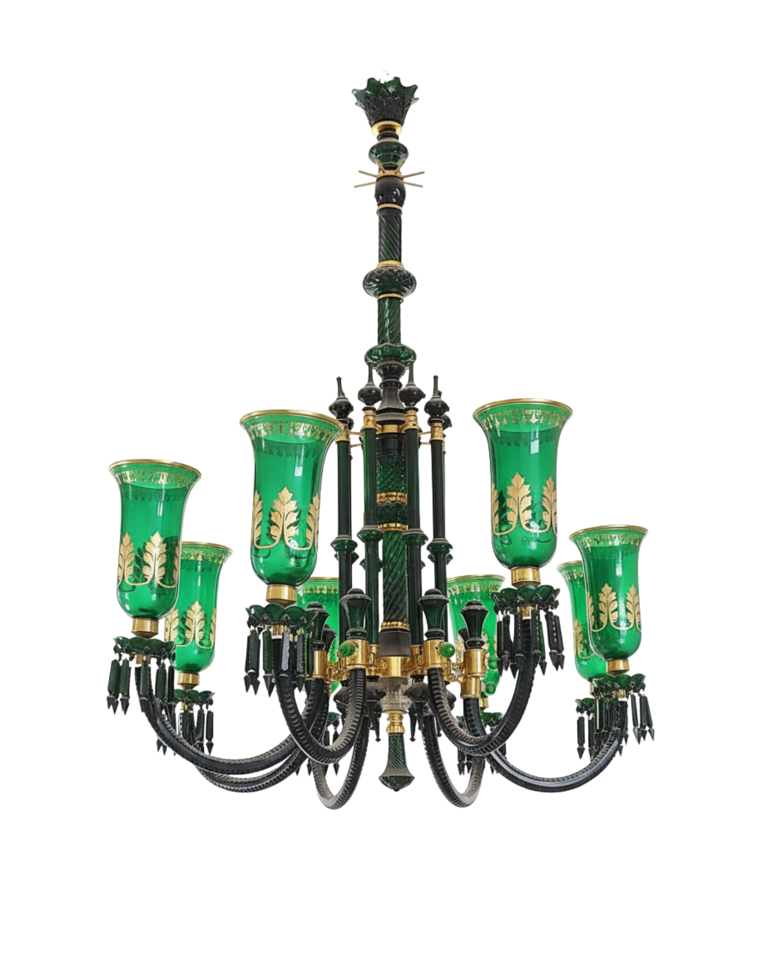 Decorative chandelier with green glass shades on a white background