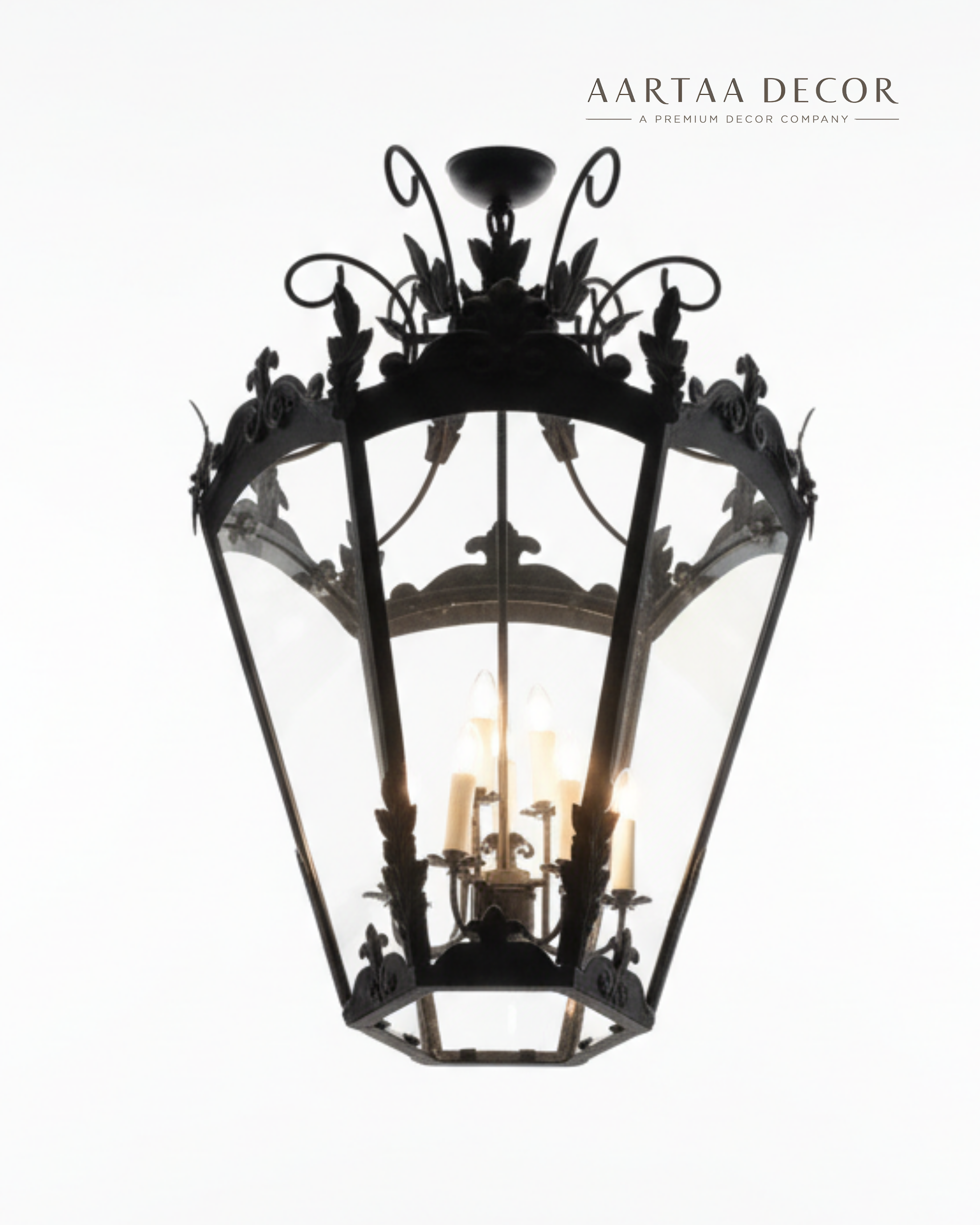 Decorative lantern with intricate design on a white background, featuring the brand 'Aartaa Decor'.