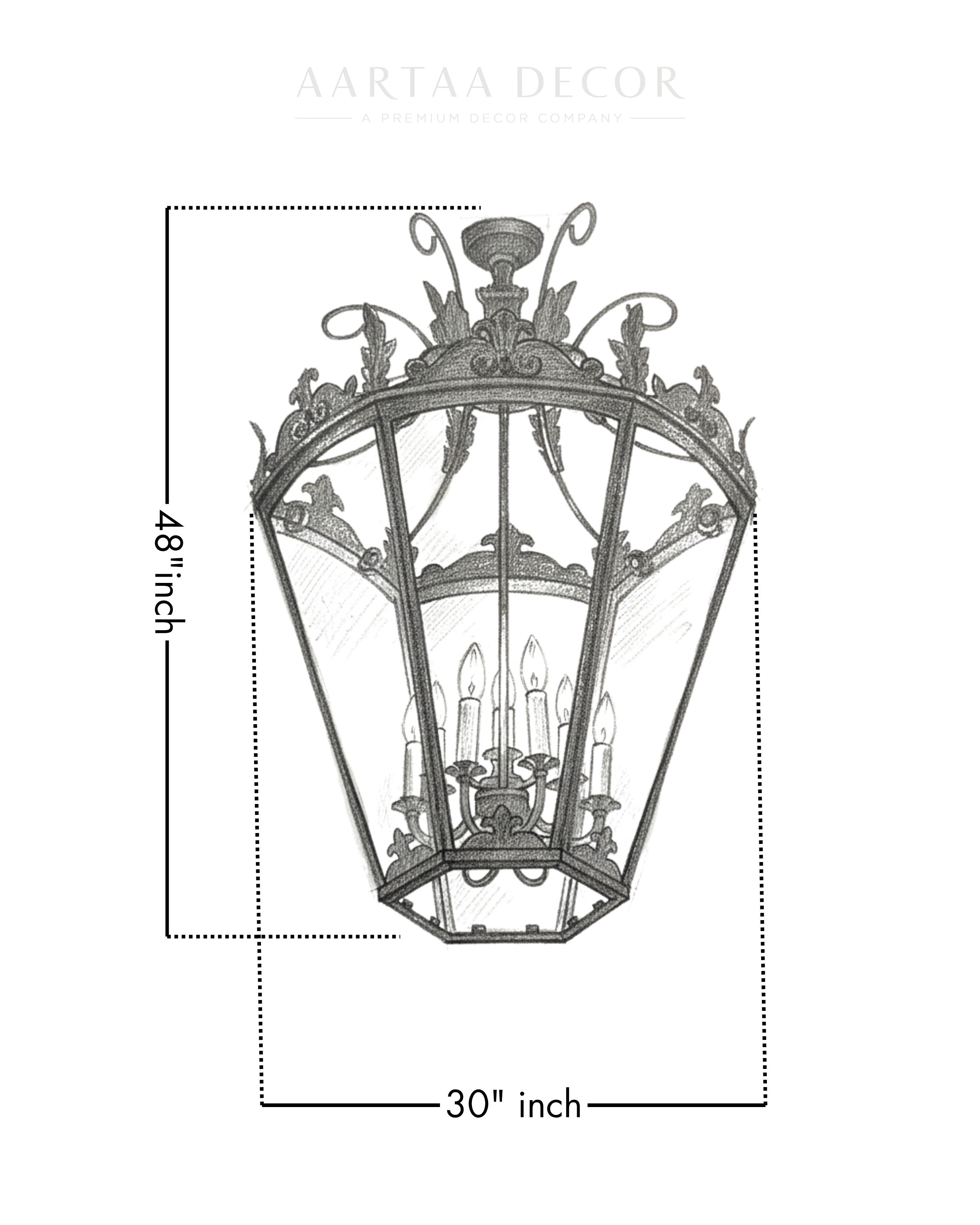 Decorative lantern with dimensions on a white background