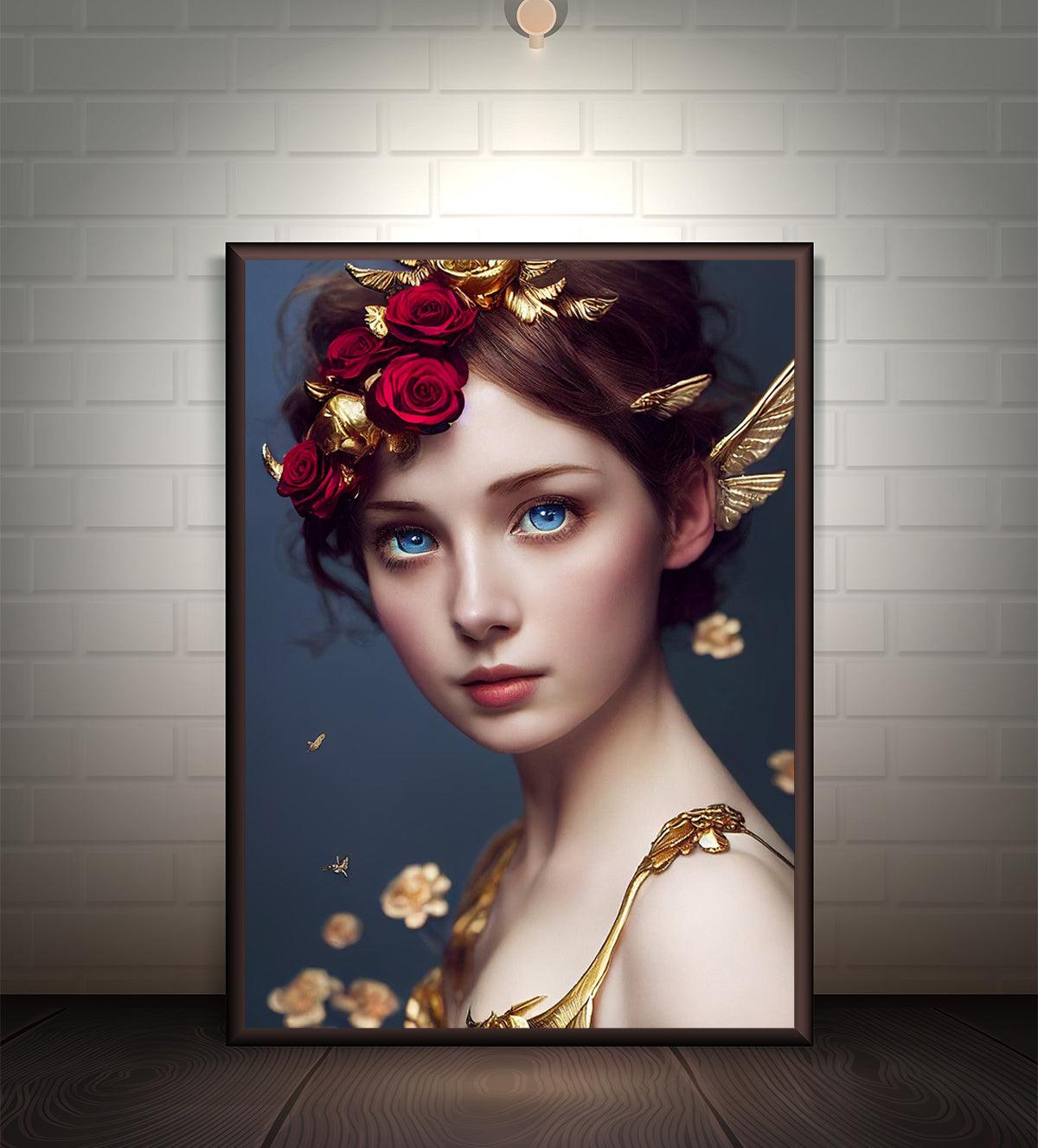 Abstract portrait of a woman with golden hues and radiant blue eyes, set against a floral backdrop. Ideal for modern interior decor.