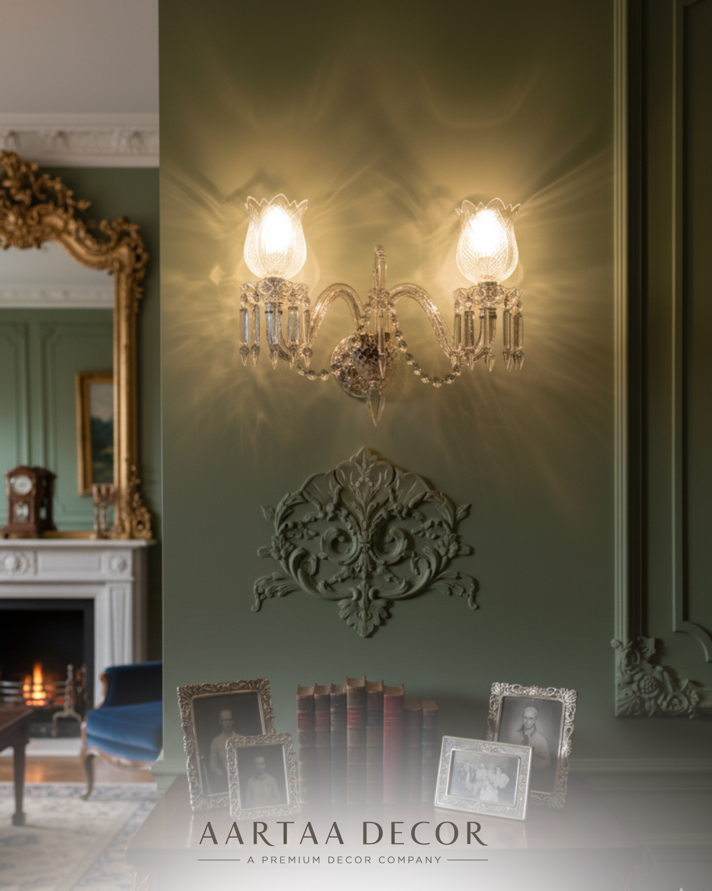 Luxury interior with Eternal Bloom Crystal Wall Sconce by Aartaa Decor, handcrafted in India, illuminating a classic living room with premium décor.