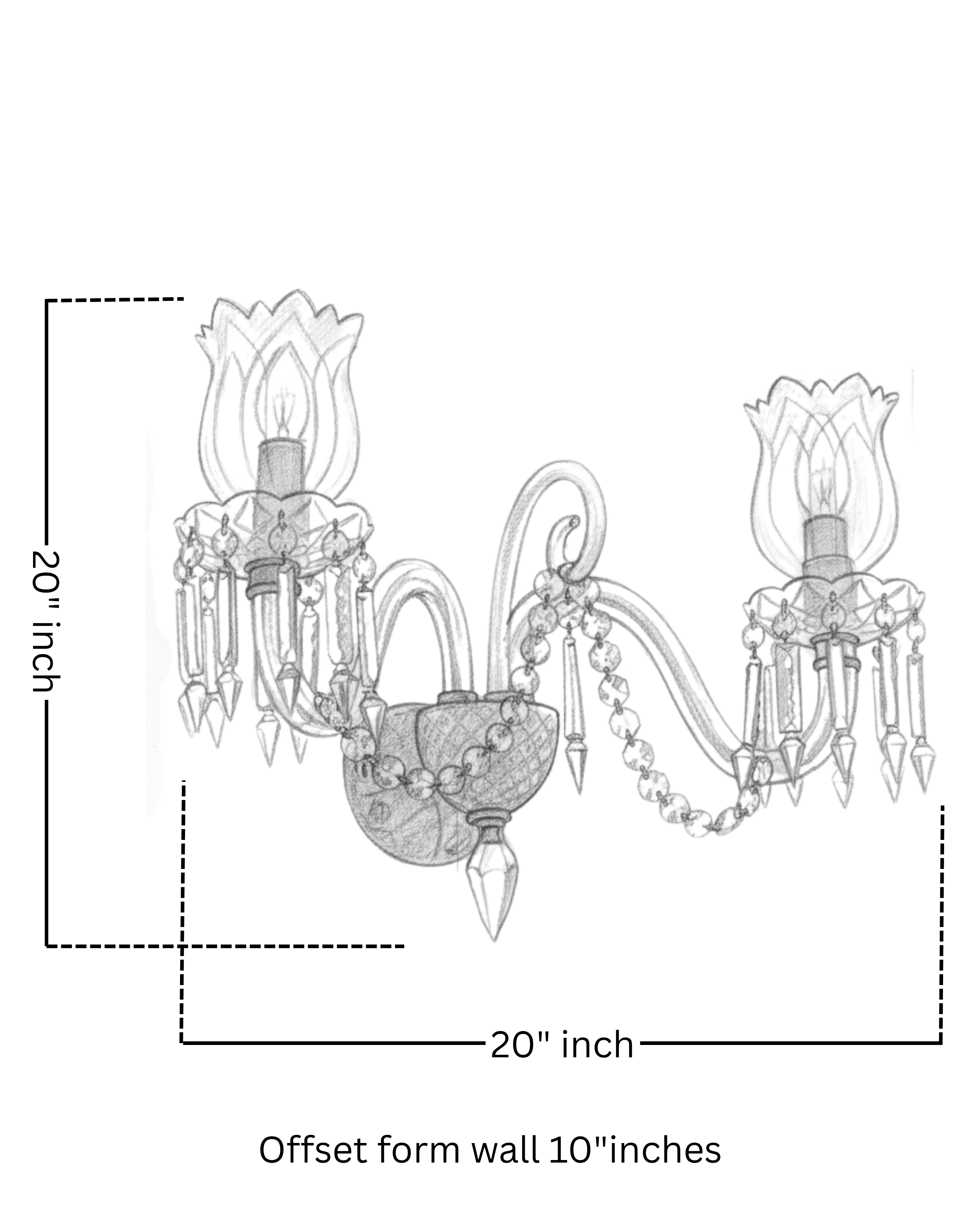 Technical sketch of Eternal Bloom Crystal Wall Sconce by Aartaa Decor, handcrafted dual tulip-shaped crystal shades, 20-inch wide luxury wall light.
