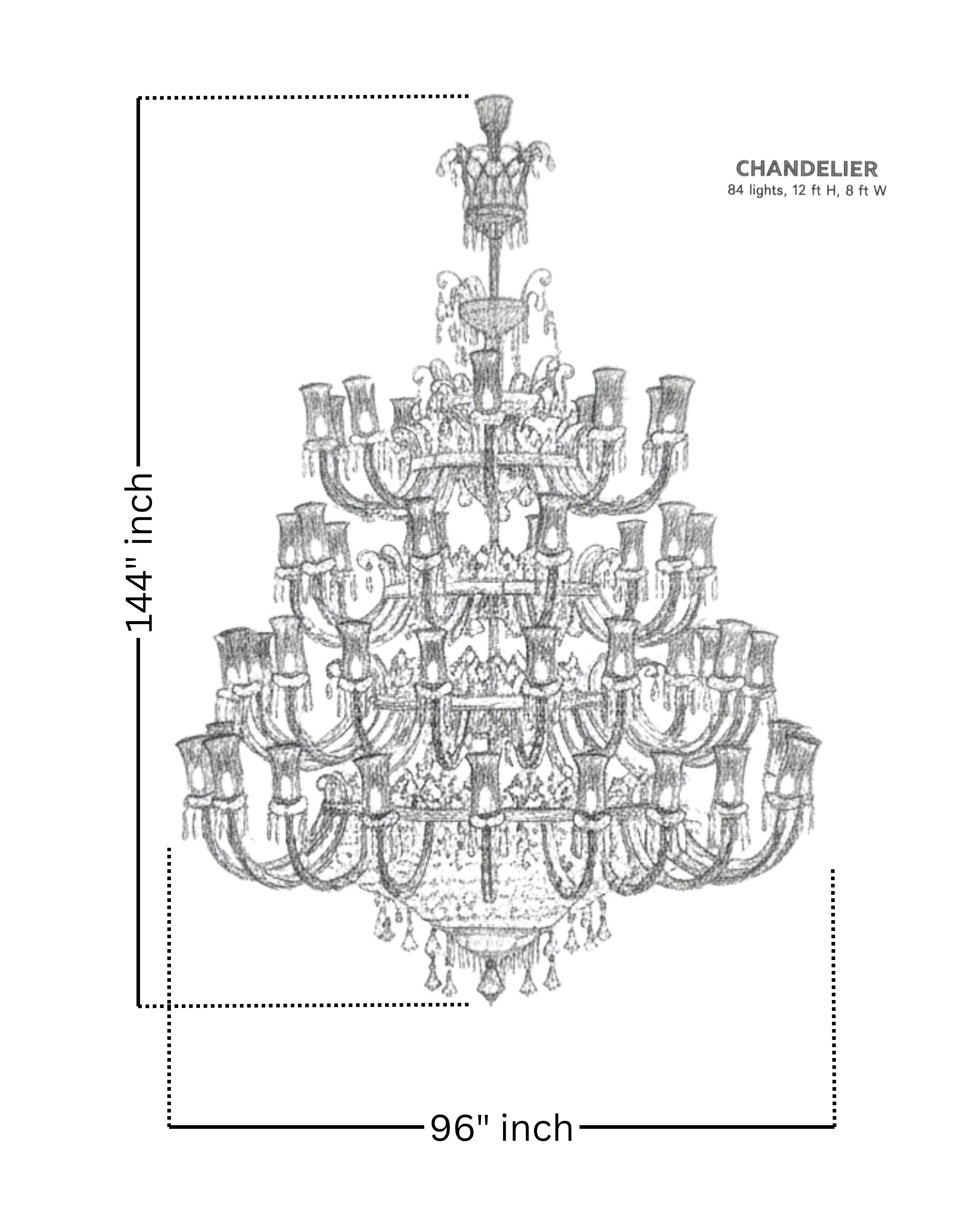 Line drawing of a chandelier with dimensions labeled
