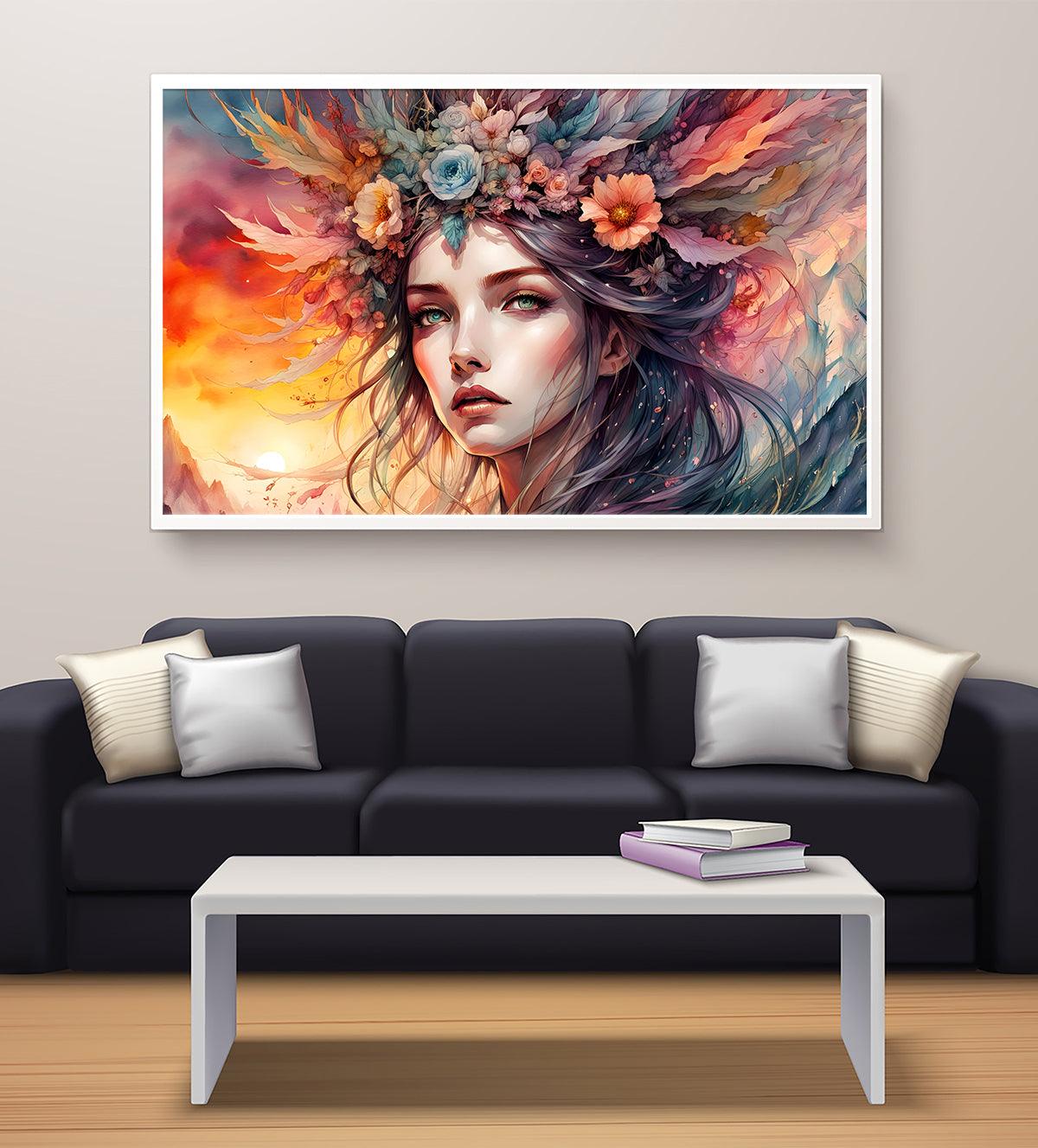 Beautiful wall art featuring a woman with a crown of vibrant flowers against a fiery and serene background, perfect for modern and boho interiors. Available in canvas or paper.