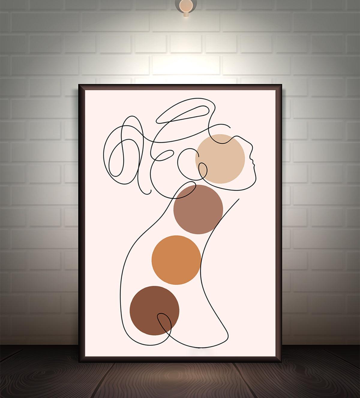 Minimalist boho-style line art of a feminine figure with abstract line patterns and earthy color accents in brown and beige tones, ideal for modern or bohemian-inspired home decor.