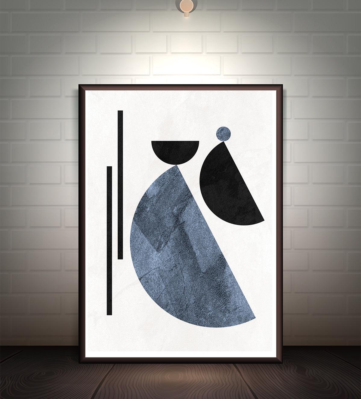 Minimalist abstract painting of a woman in blue and black shapes, inspired by the moon, available in various sizes and framing options.