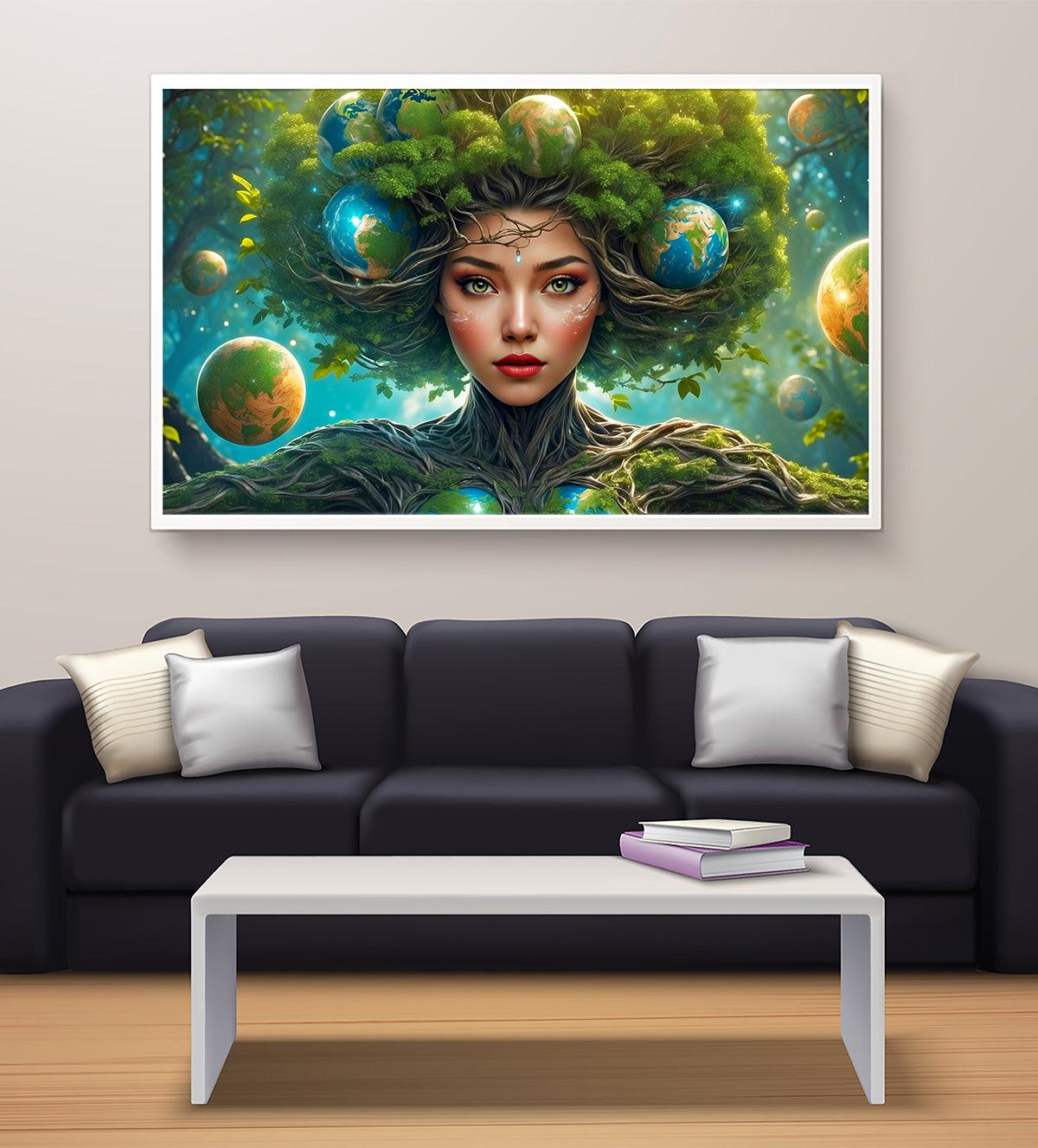 Fantasy-inspired artwork featuring a goddess-like figure with green foliage hair, glowing celestial orbs, and a cosmic background. Perfect for adding a surreal and magical vibe to home or office interiors.