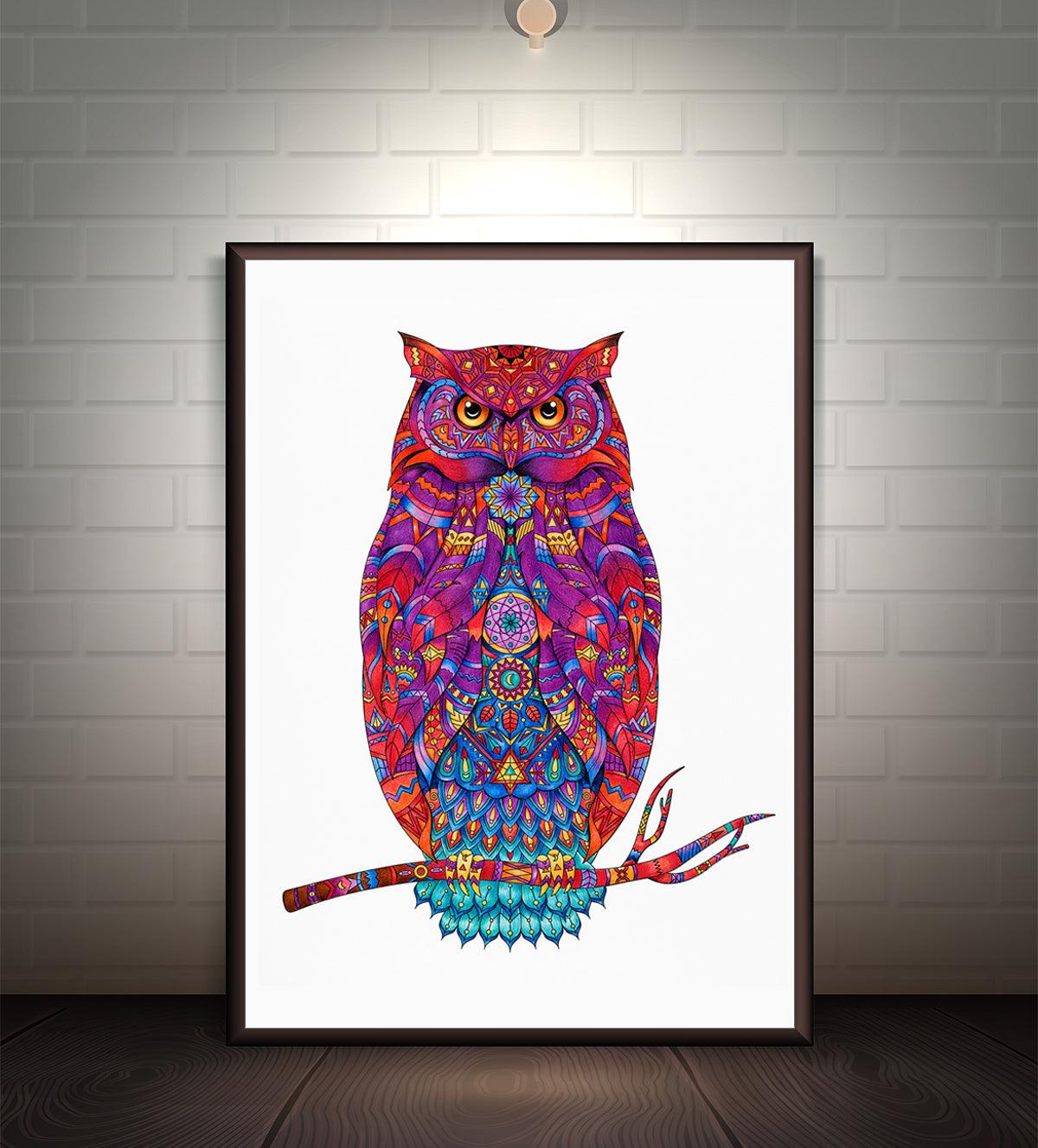 owl’s wisdom and mystique, beautifully illustrated in a burst of vibrant colors and intricate patterns. Every feather on this majestic owl is adorned with detailed, swirling designs that celebrate life, energy, and spirit, making it a perfect centerpiece for any room that needs a pop of color and character.- Aartaa decor
