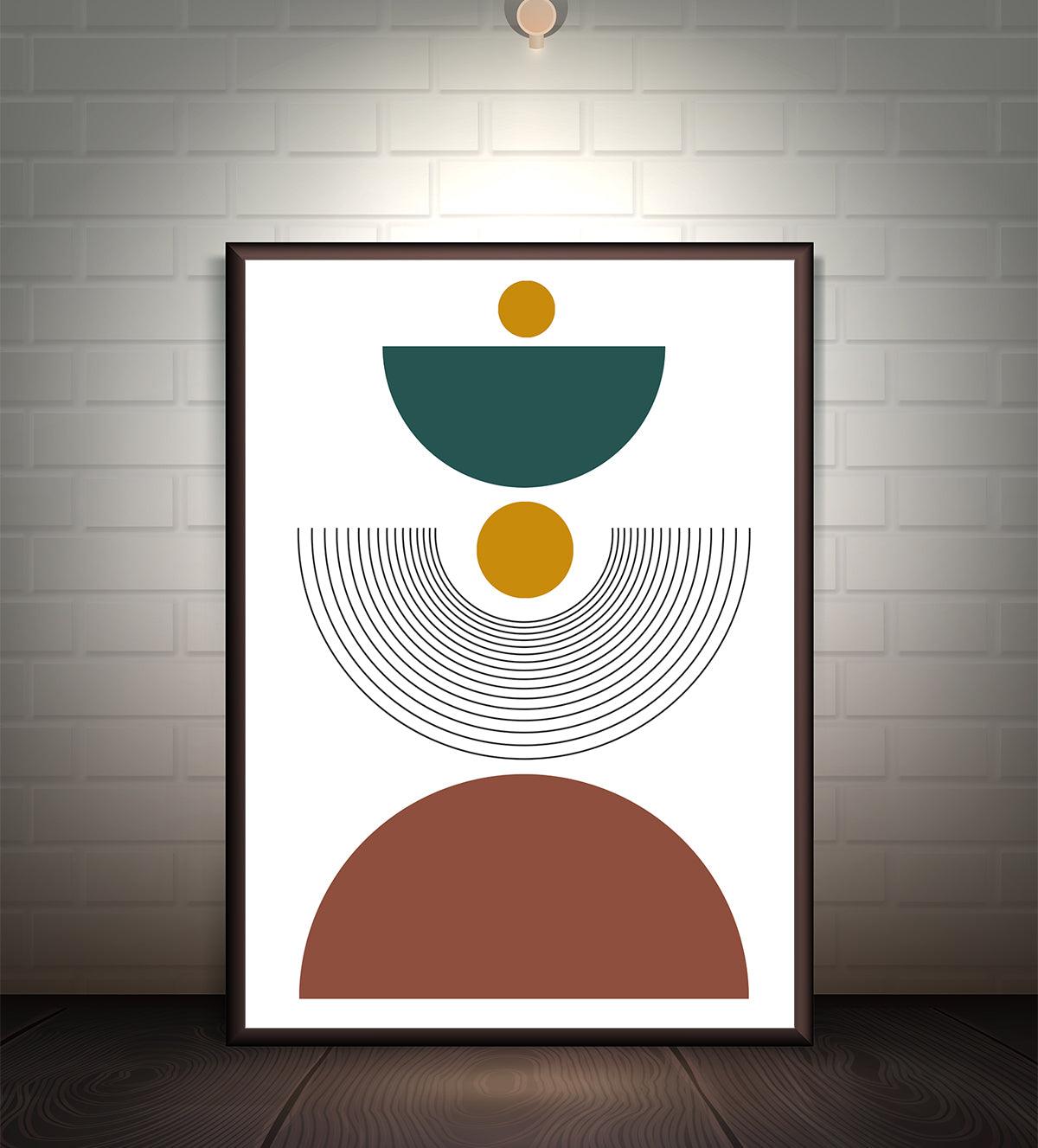 Modern minimalist art print featuring geometric shapes in earthy tones, titled 'Geometric Harmony: Modern Minimalist Art.
