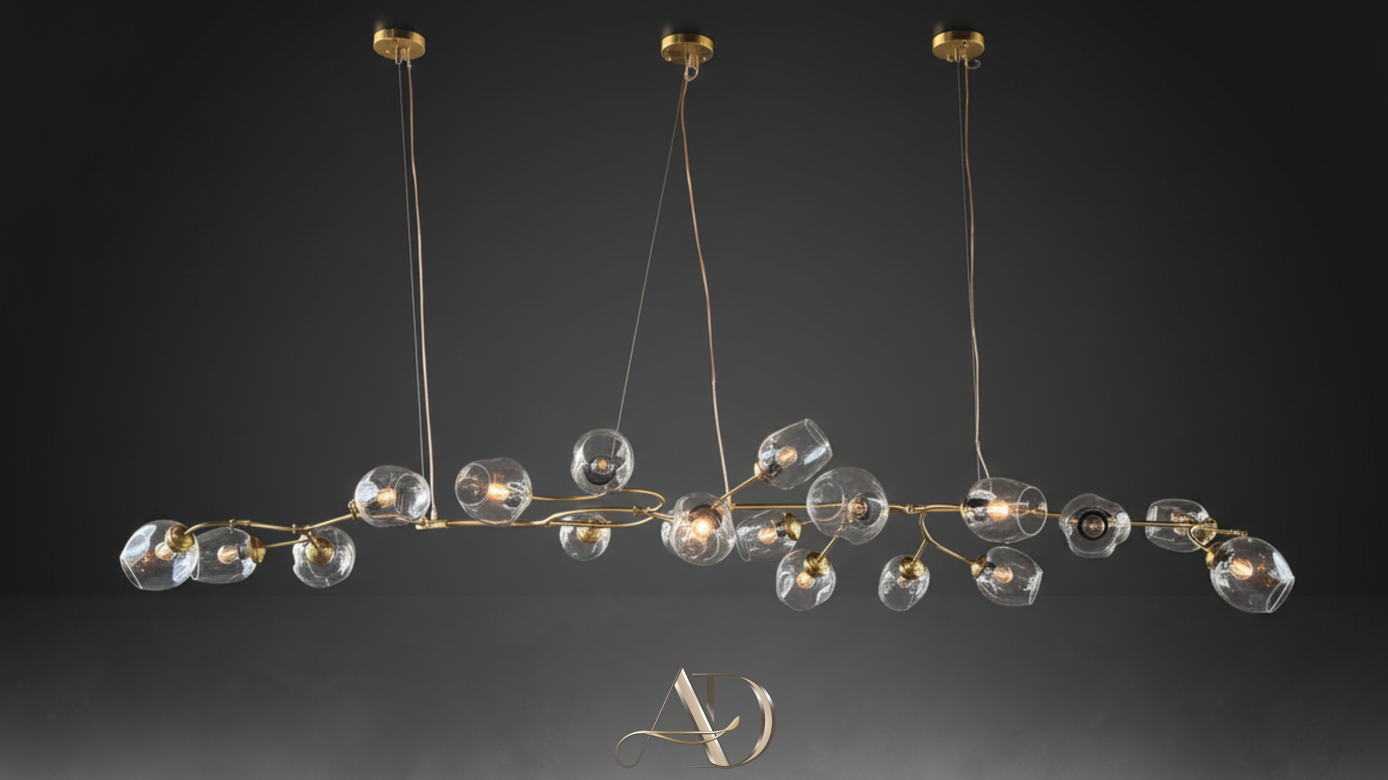 Detail view of Golden Blossom Branch Chandelier – brass branch structure with hand-blown glass bud shades, luxury modern chandelier by Aartaa Decor.