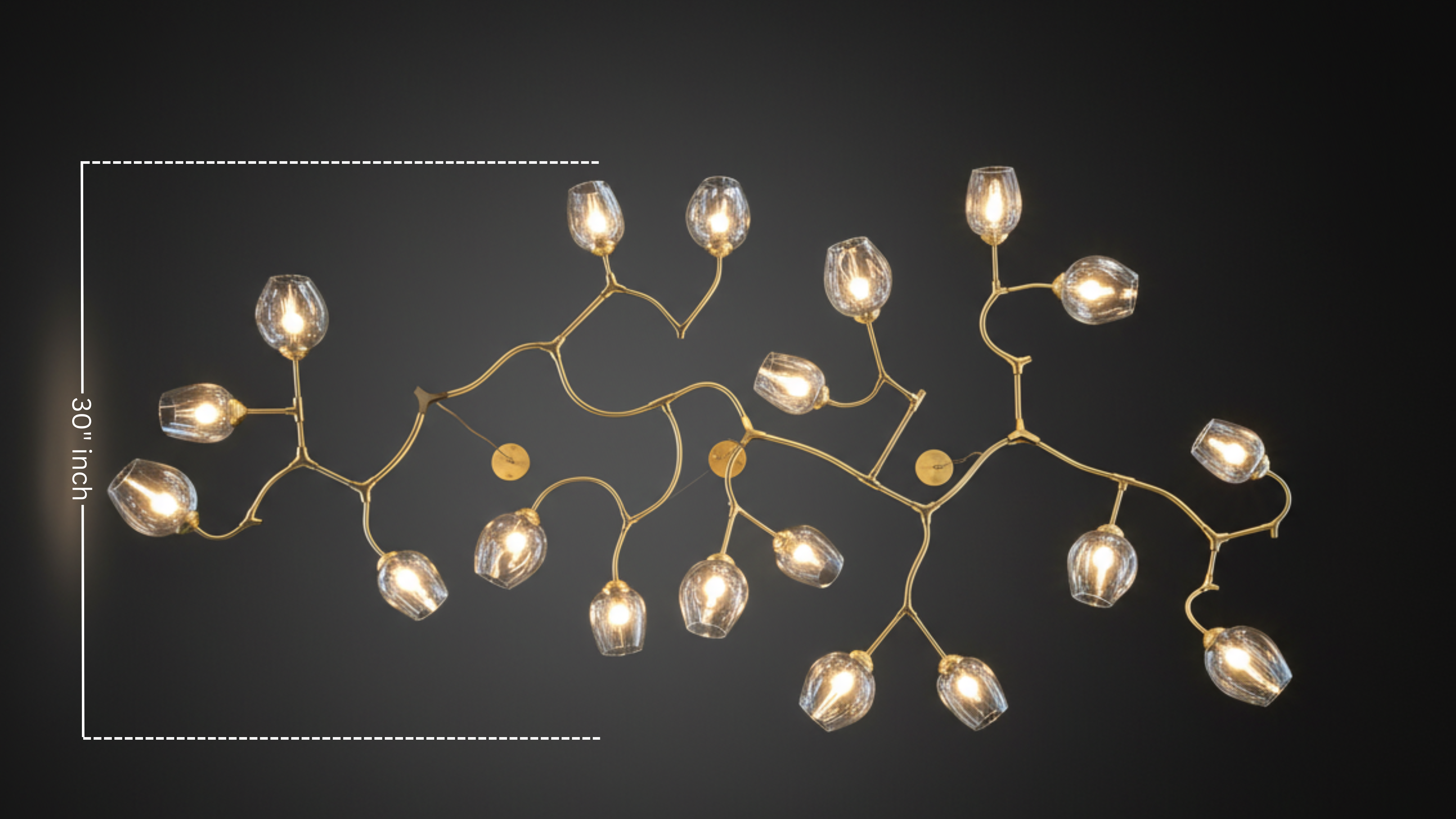 Detail view of Golden Blossom Branch Chandelier – brass branch structure with hand-blown glass bud shades, luxury modern chandelier by Aartaa Decor.
