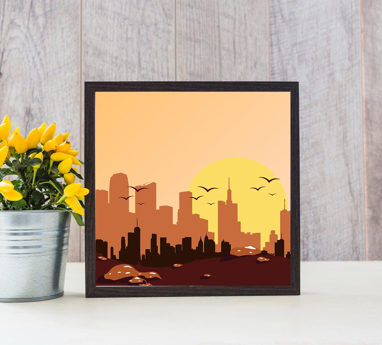 Golden Hour in the Urban Jungle - Aartaa decor. Golden Hour in the Urban Jungle” is a mesmerizing cityscape that captures the fleeting beauty of a golden sunset over a bustling urban landscape. The artist’s meticulous brushstrokes and luminous color palette create a timeless masterpiece that exudes sophistication and elegance. This painting invites viewers to experience the magic of twilight as the city is bathed in liquid gold, making it a perfect addition to any discerning collector’s home. The interplay