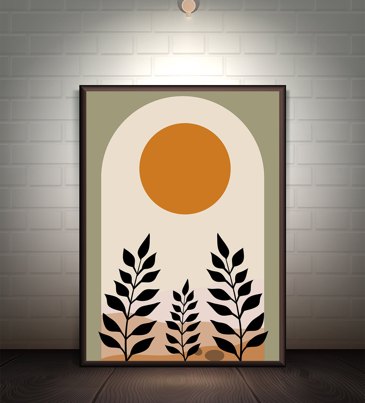 Minimalist boho wall art featuring a terracotta sun, archway, and black leaf silhouettes, ideal for modern and nature-inspired interiors. Available in multiple sizes and materials.