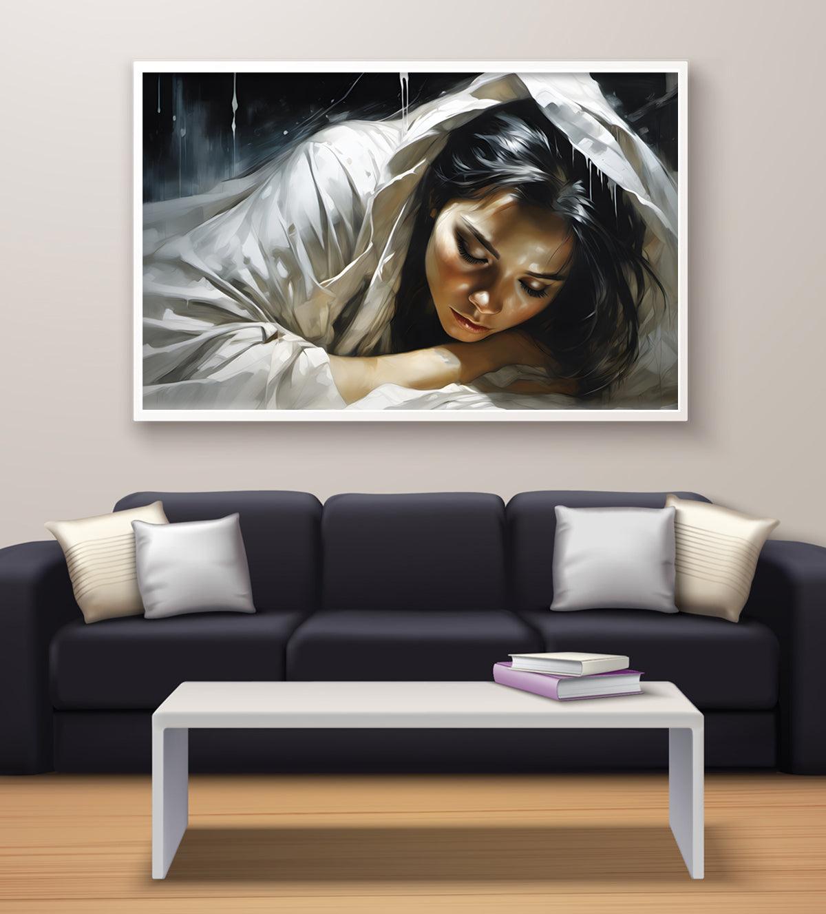 Oil painting of a serene South Asian woman wrapped in luminous fabric, showcasing elegant light and shadow interplay, ideal for modern and traditional interiors.
